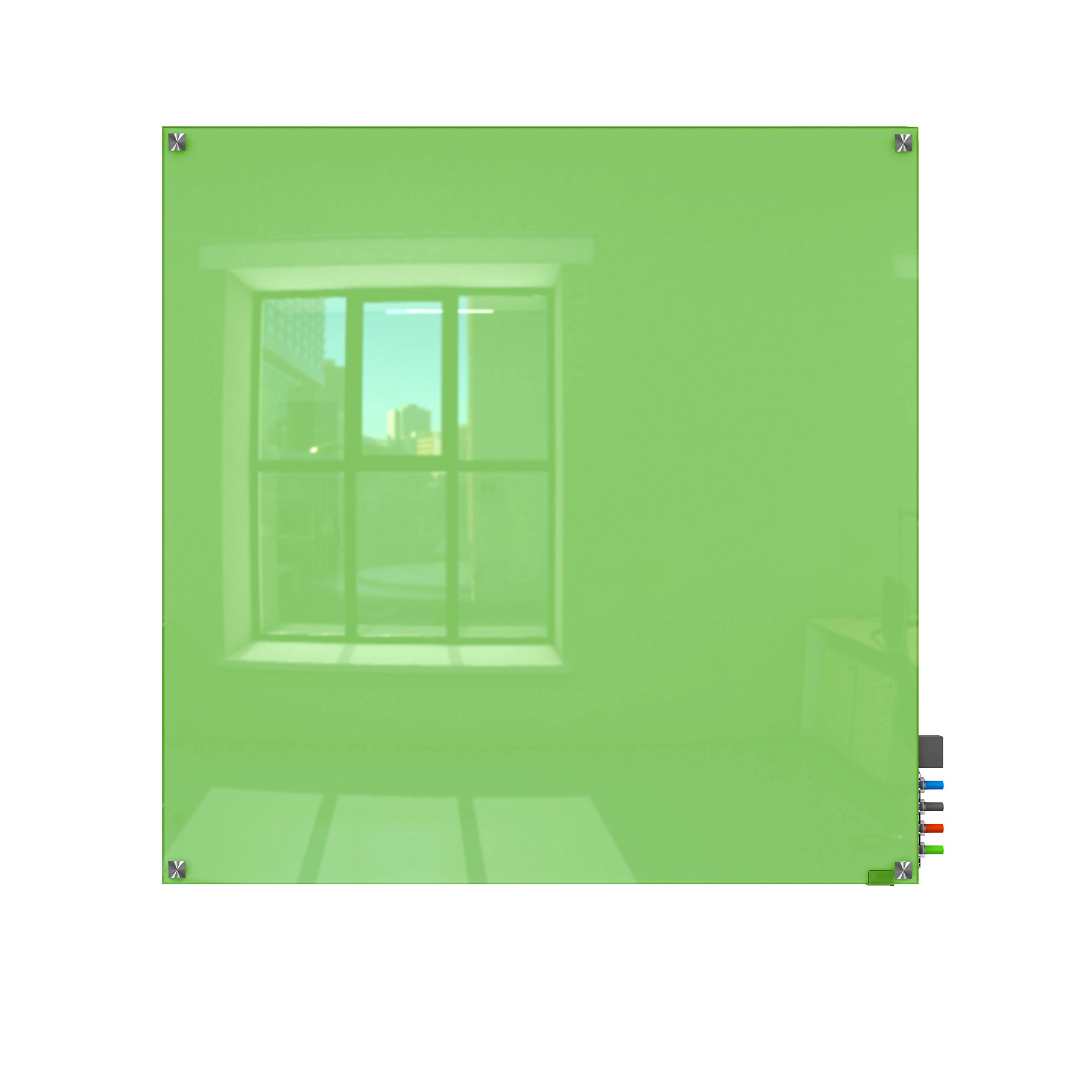 Ghent 4' x 4' Harmony Glass Whiteboard - Square Corners - Green Frame - Includes 4 Dry Erase Markers & Eraser - Perfect for Office Meetings, Classroom Teaching & Home Office Organization (HMYSN44GN)