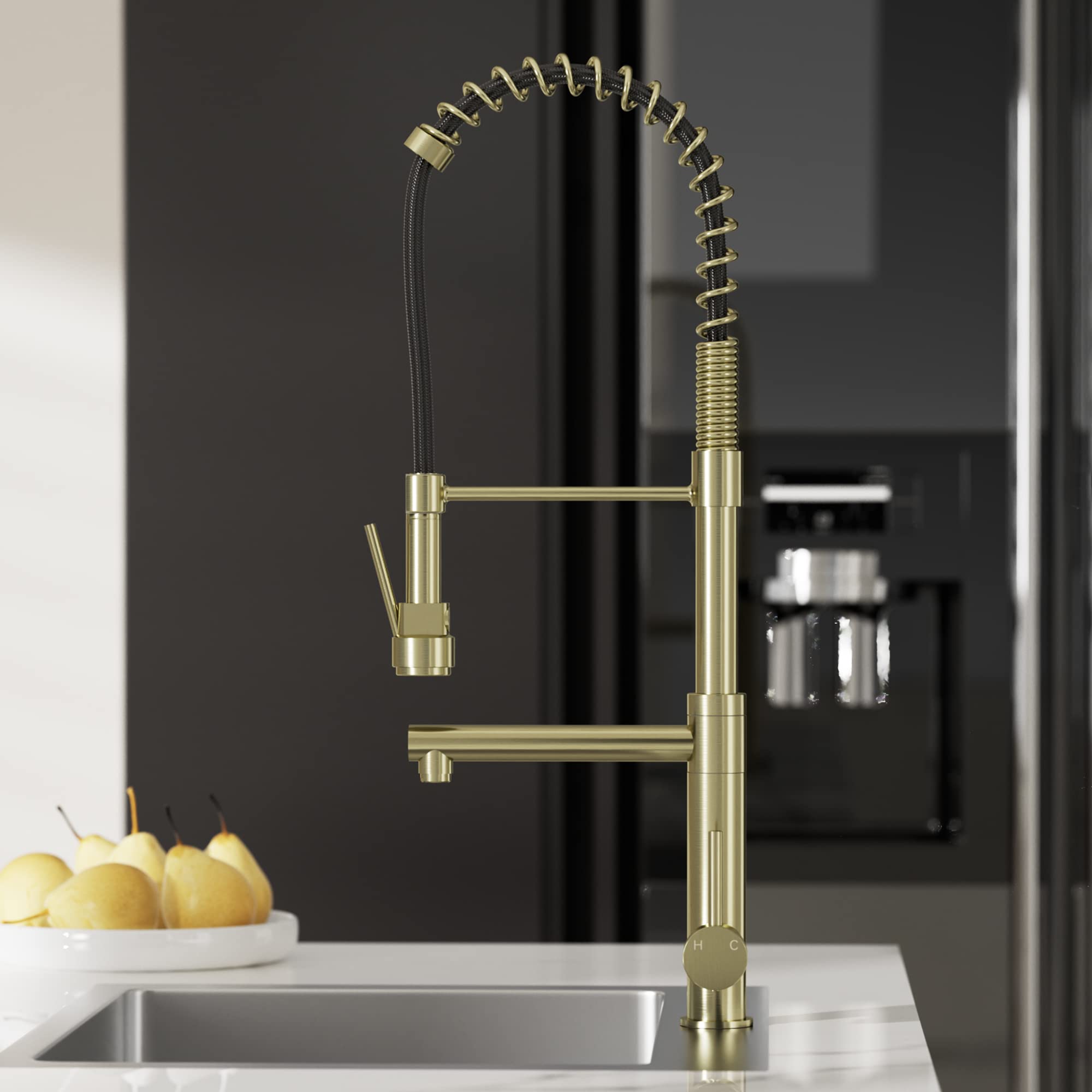 Commercial Pre-Rinse Kitchen Faucet with Pot Filler - Single Handle High Pressure Stainless Steel Sink Faucet with Pull Down Sprayer, 2-Function Spray Modes, Gold Finish - Perfect for Restaurants, Home Kitchens & High-Traffic Cooking Areas