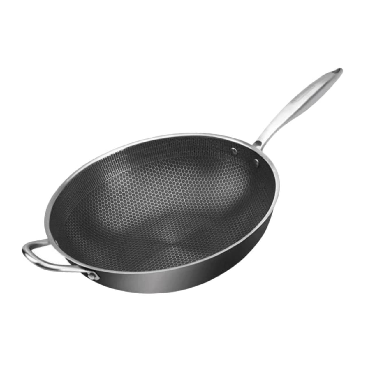 DECHOUS 34cm Stainless Steel Honeycomb Grain Nonstick Wok Pan - Induction, Electric & Gas Stove Safe - Easy Clean BBQ & Stir Fry Cooking Pan for Home Kitchen