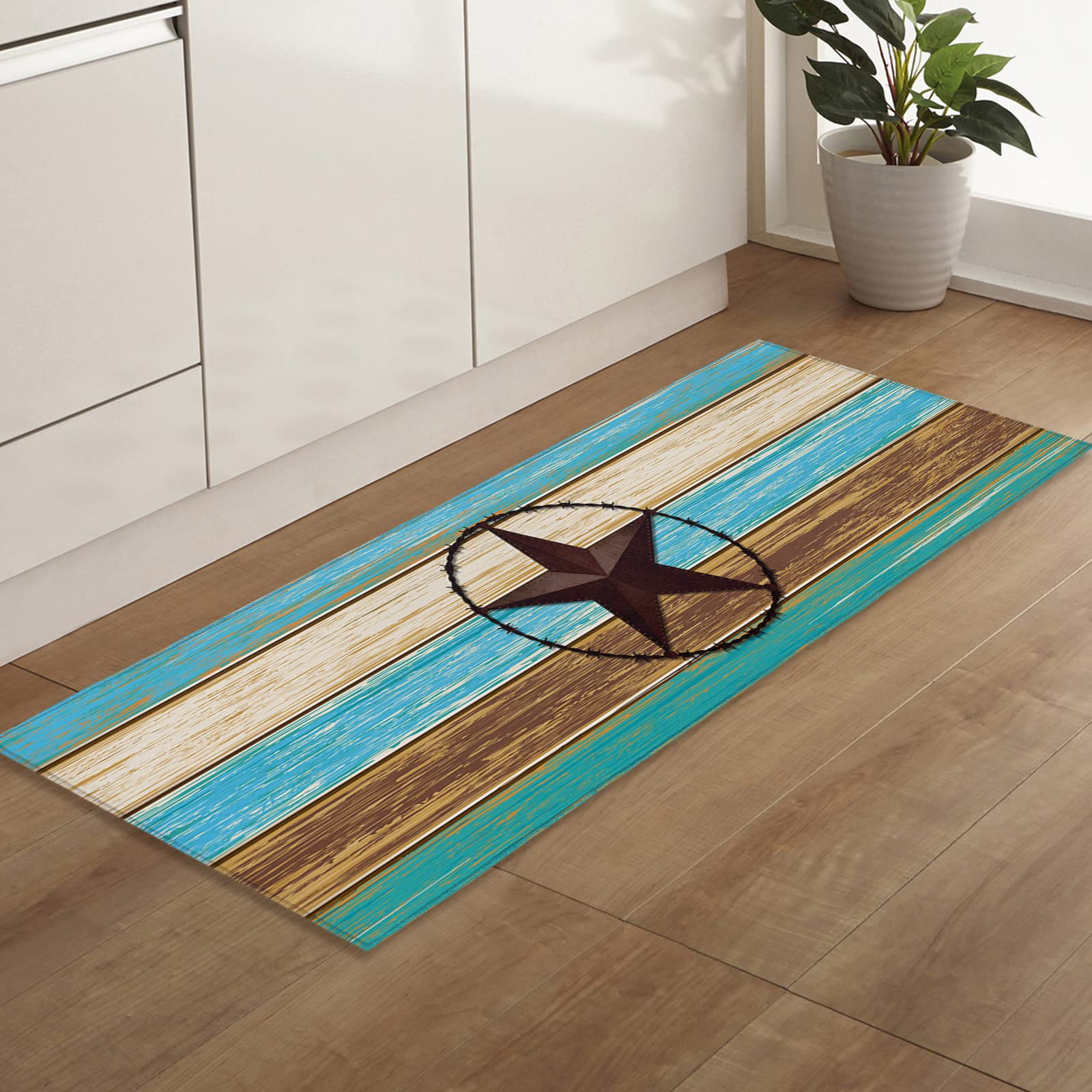 Western Style Star Pattern Non-Slip Doormat - Blue Teal Brown Wood Grain Design Indoor Entryway Rug (23.6x70.9 inches) for Kitchen, Living Room, Bathroom & Bedroom - Perfect for Home Decor and Mudroom Protection