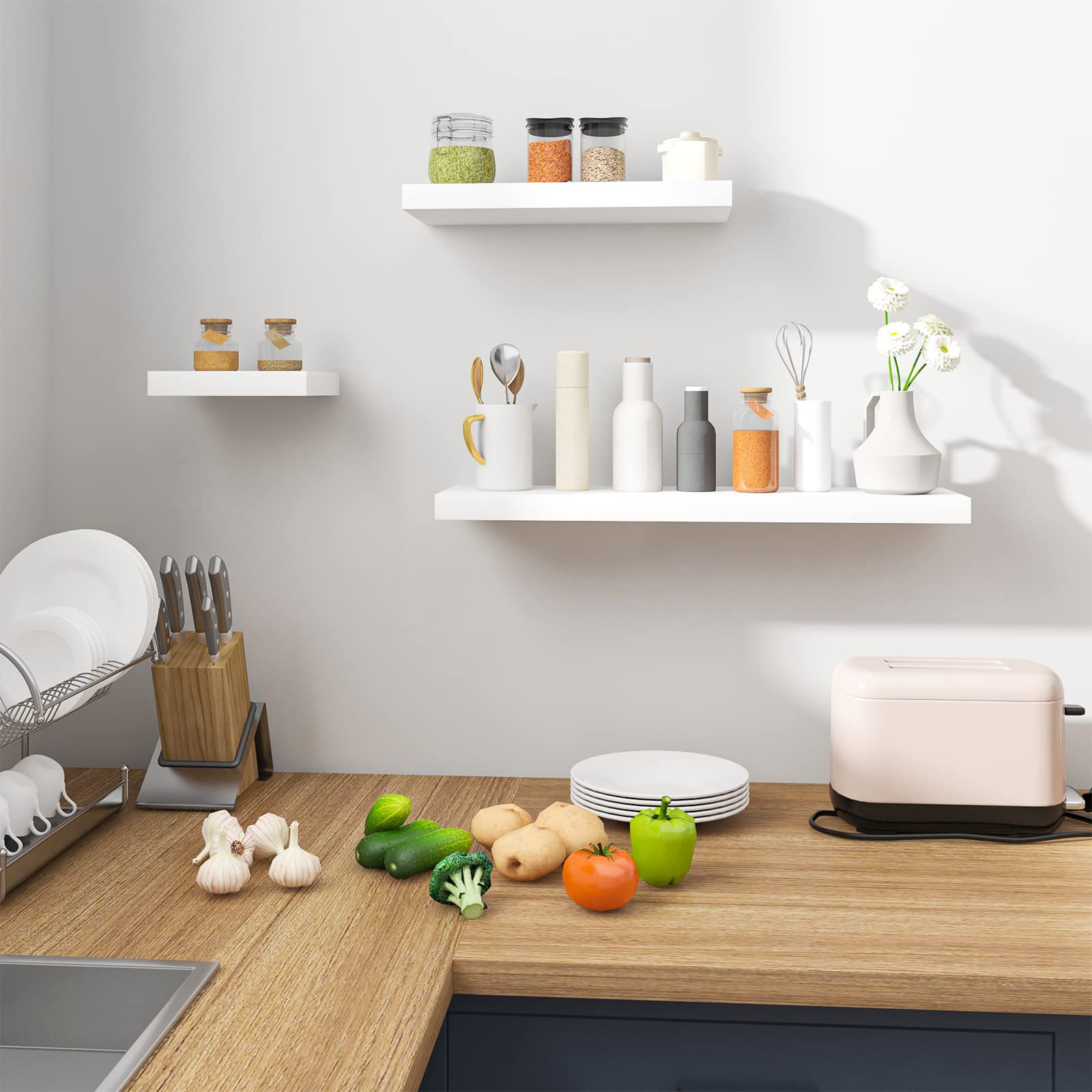 WOLTU 120cm Floating Shelf - White Wooden Wall Mounted Storage & Display Shelf for Living Room, Bathroom, Kitchen | Modern Home Decor & Organizer RG9315ws