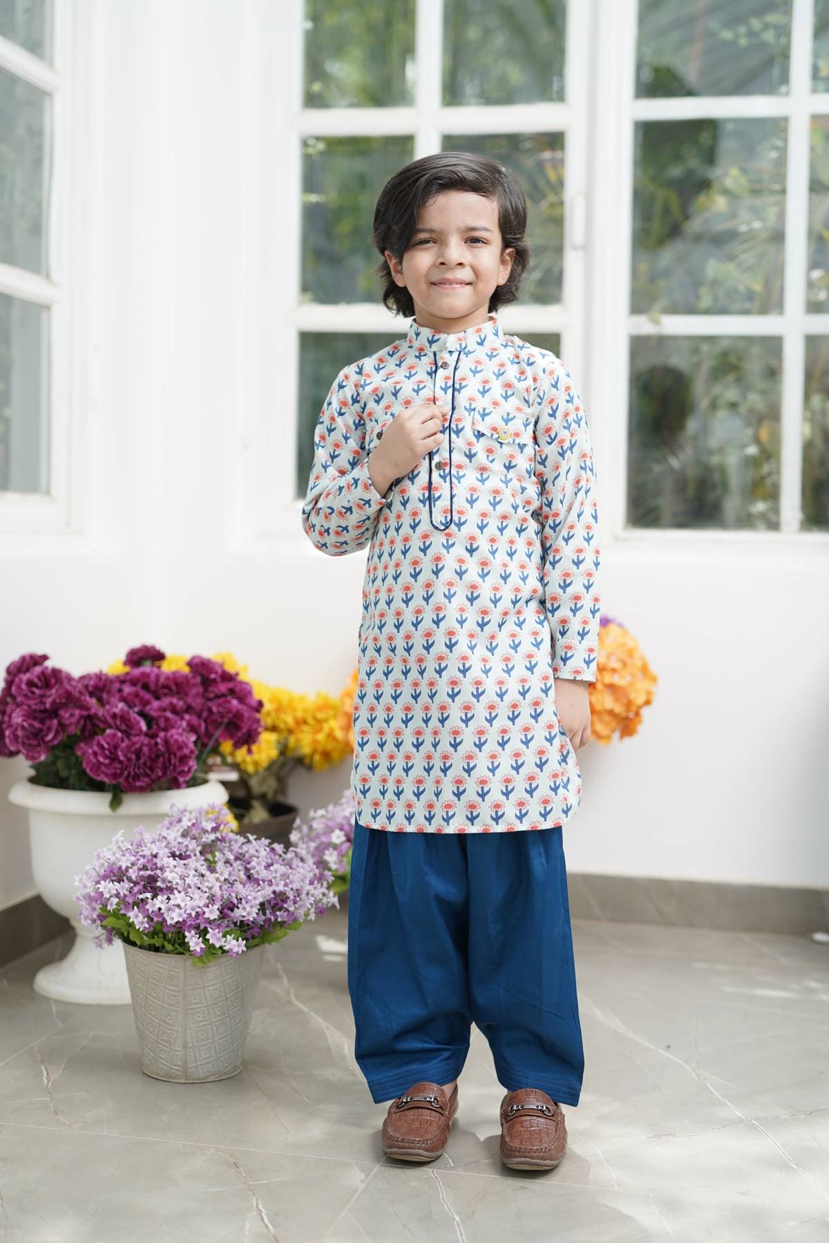 Pre Order: Stylish Orange Floral Boti Print Kurta & Salwar Set - Perfect for Festivals, Weddings & Casual Wear