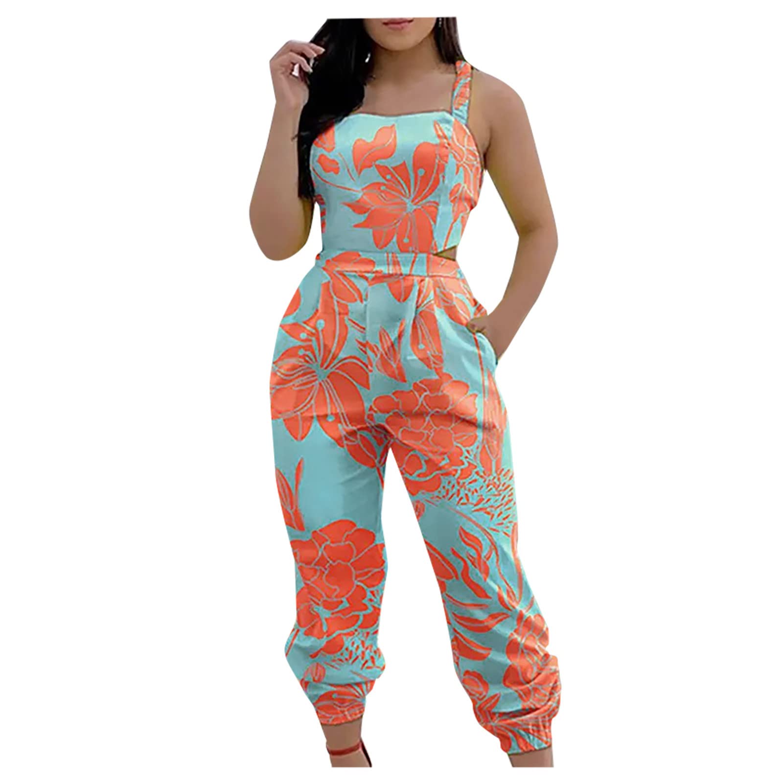 YZHM Women's 2022 Summer Sleeveless Backless Jumpsuit with Pockets & Suspenders - Casual Formal Romper One Piece Overalls for Beach, Party & Office Wear