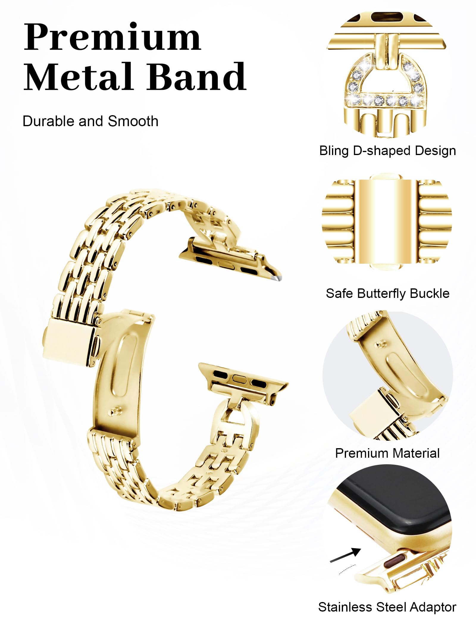 JR.DM Slim Bling Bracelet Case for Apple Watch - D-Shaped Stainless Steel Replacement Band Compatible with iWatch Series 10/9/8/7/6/5/4/3/2/1/SE/Ultra - Elegant Women's Accessory for Work, Party & Daily Wear