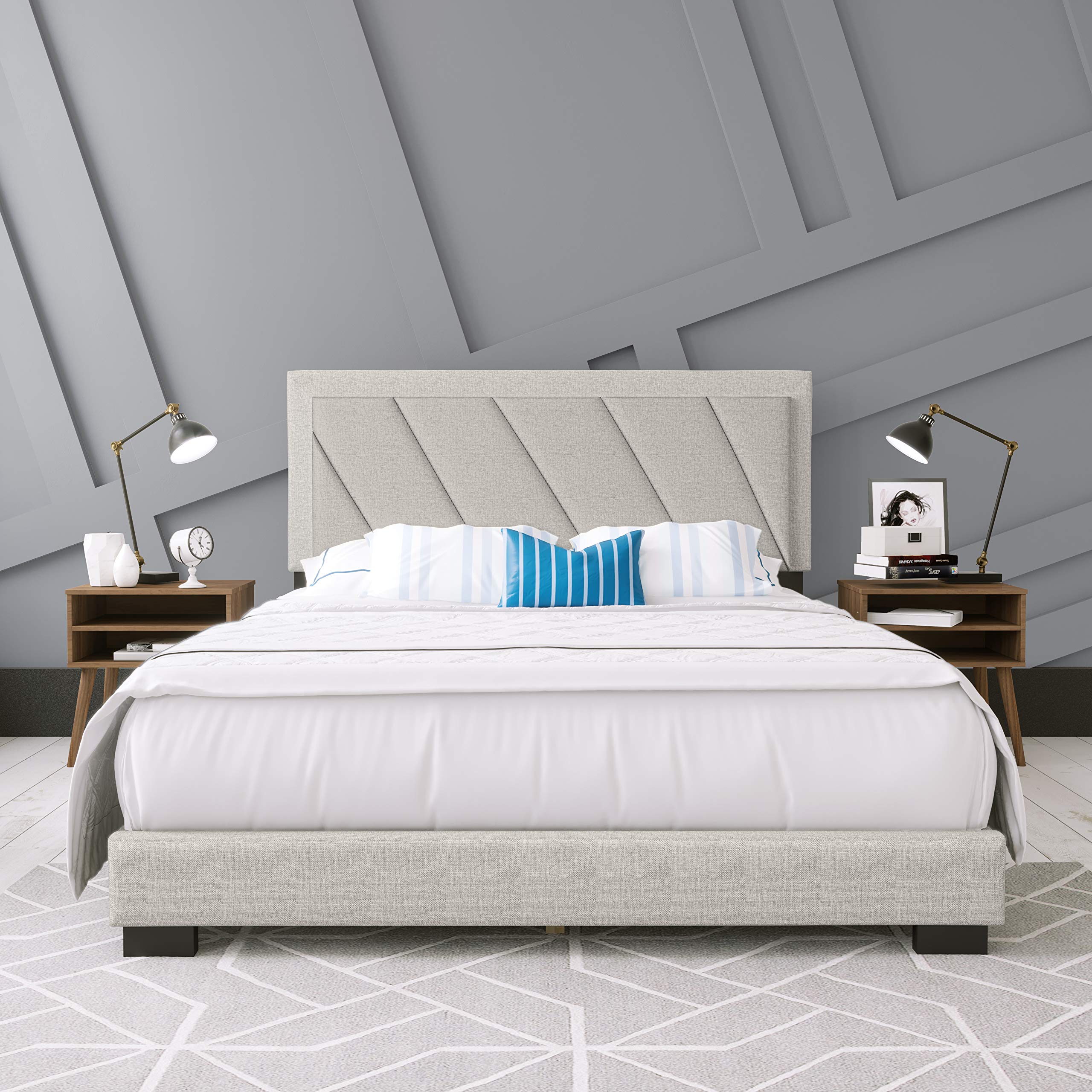 Boyd Sleep Diagonal Upholstered King Platform Bed with Headboard & Mattress Foundation - 4 Wood Slat Support System, No Box Spring Needed - White Upholstered Bed Frame for Master Bedroom & Guest Room