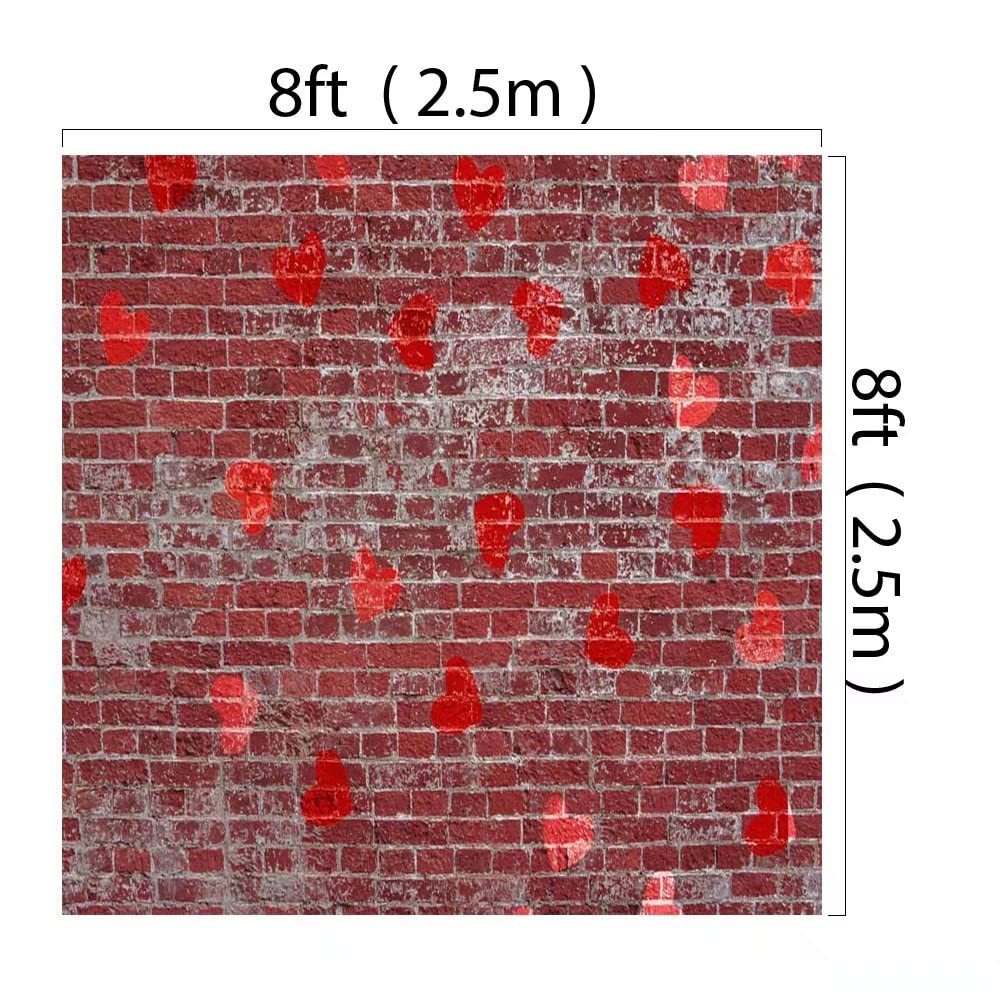 8x8ft Valentine's Day Photo Backdrop - Red Love Hearts on Rustic Brick Wall for Wedding Photography, Romantic Portraits & Couple Shoots | Perfect for Valentine's Proposals, Anniversary Photos & Engagement Sessions