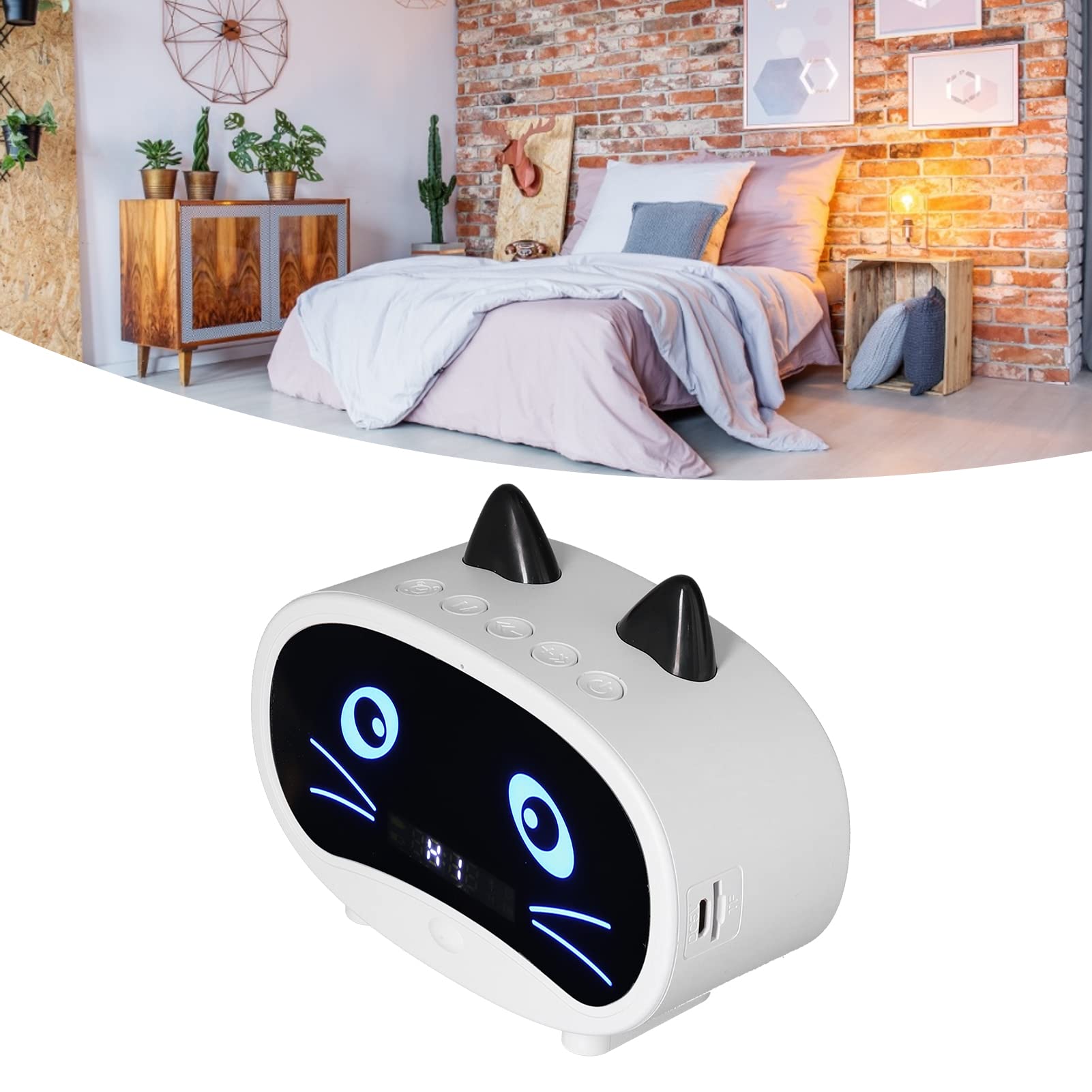 Wireless Bluetooth Speaker with Alarm Clock - Portable Bedroom & Office Speaker with Dual Alarm, LED Display, Cat Ear Design, FM Radio, USB/Memory Card Support, 1000mAh Rechargeable Battery (White) - Perfect for Bedside, Desk, Travel & Gift Giving