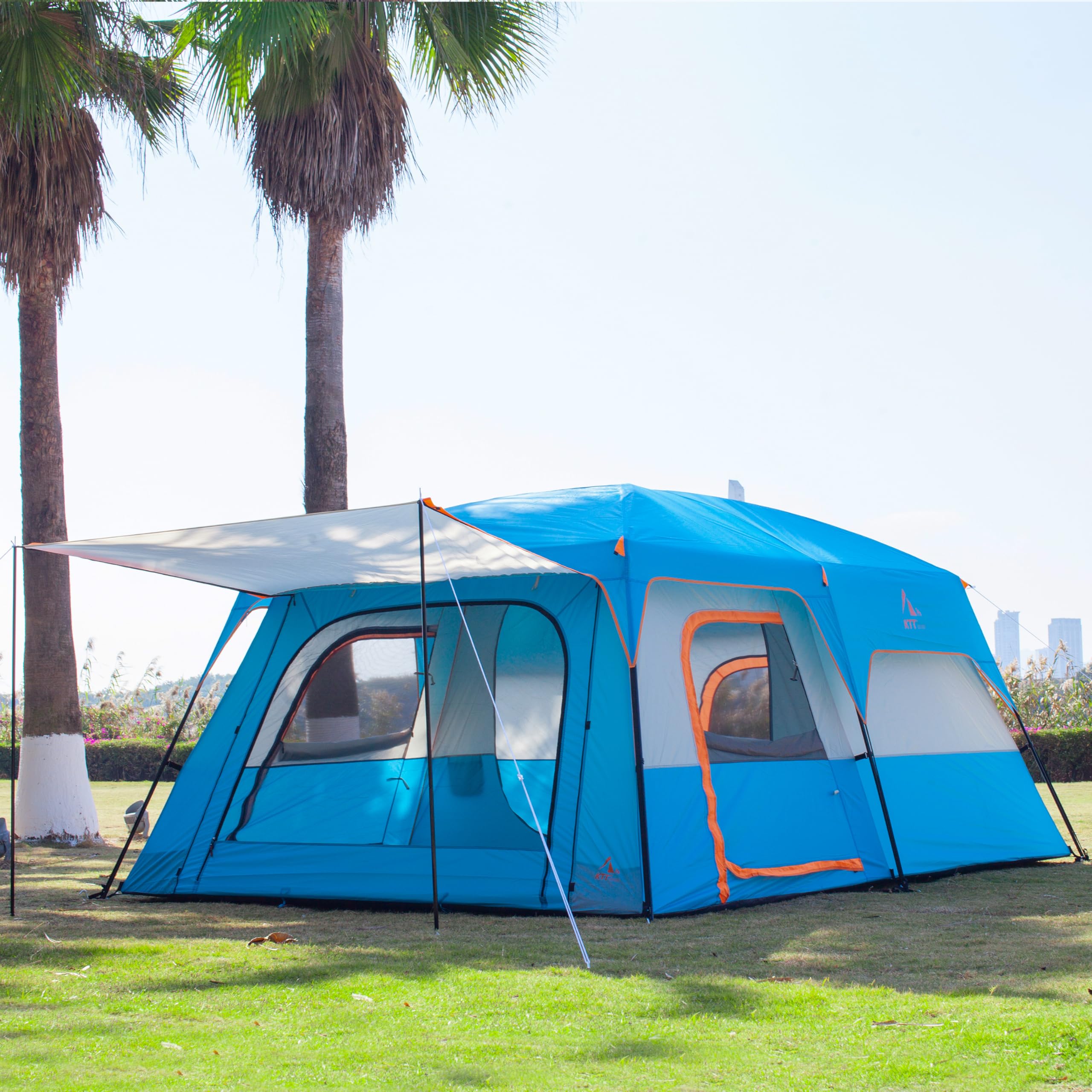 KTT Extra Large Family Cabin Tent for 10-12-14 People (Style B) - 2 Rooms, 3 Doors & 3 Windows with Mesh, Waterproof Double Layer Straight Wall Design - Perfect for Camping, Picnics, Outdoor Adventures & Family Gatherings