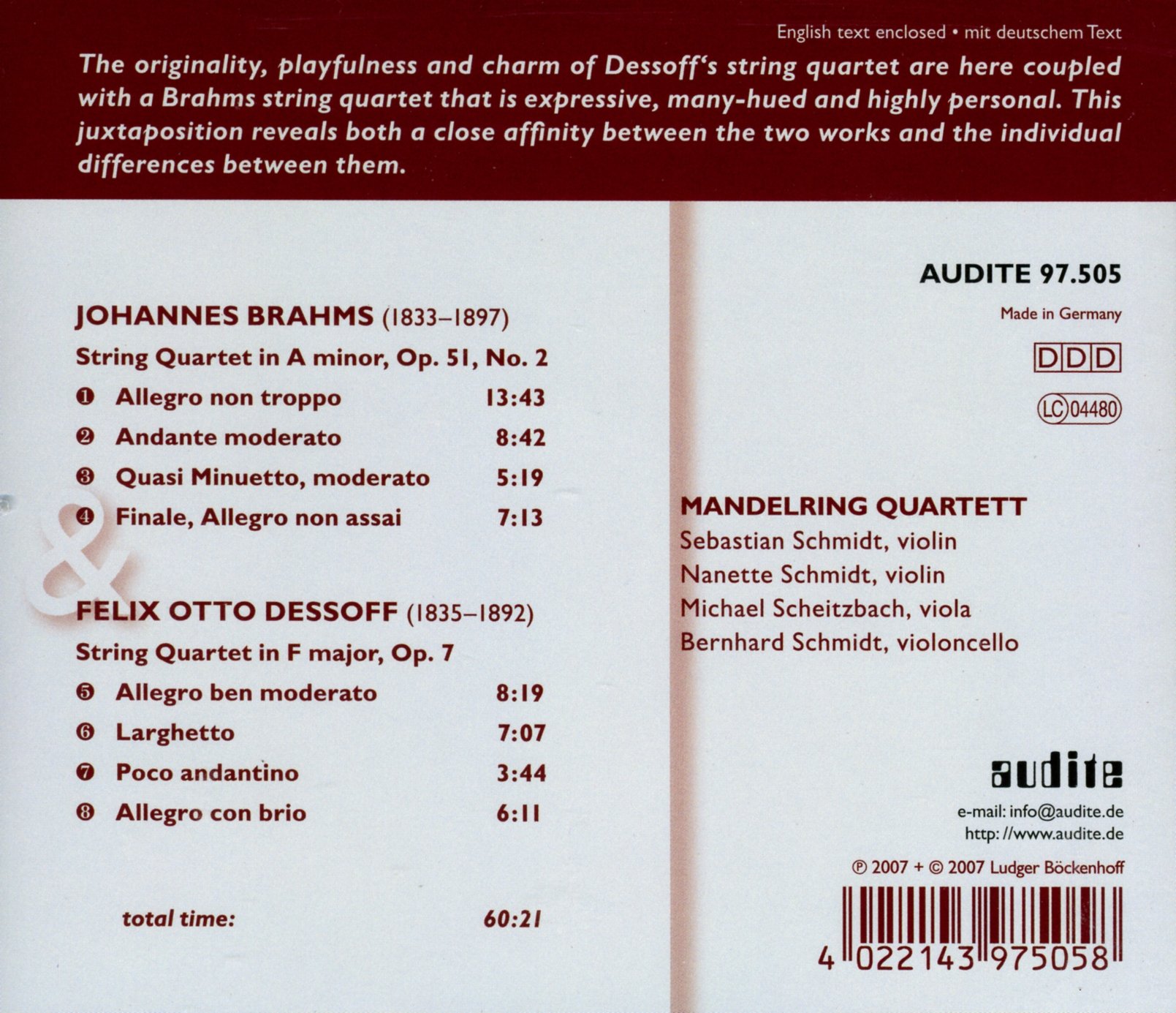 Brahms & Dessoff: String Quartet in A Minor & String Quartet in F Major, Vol. 3 | Classical Music CD for Relaxation & Dinner Parties