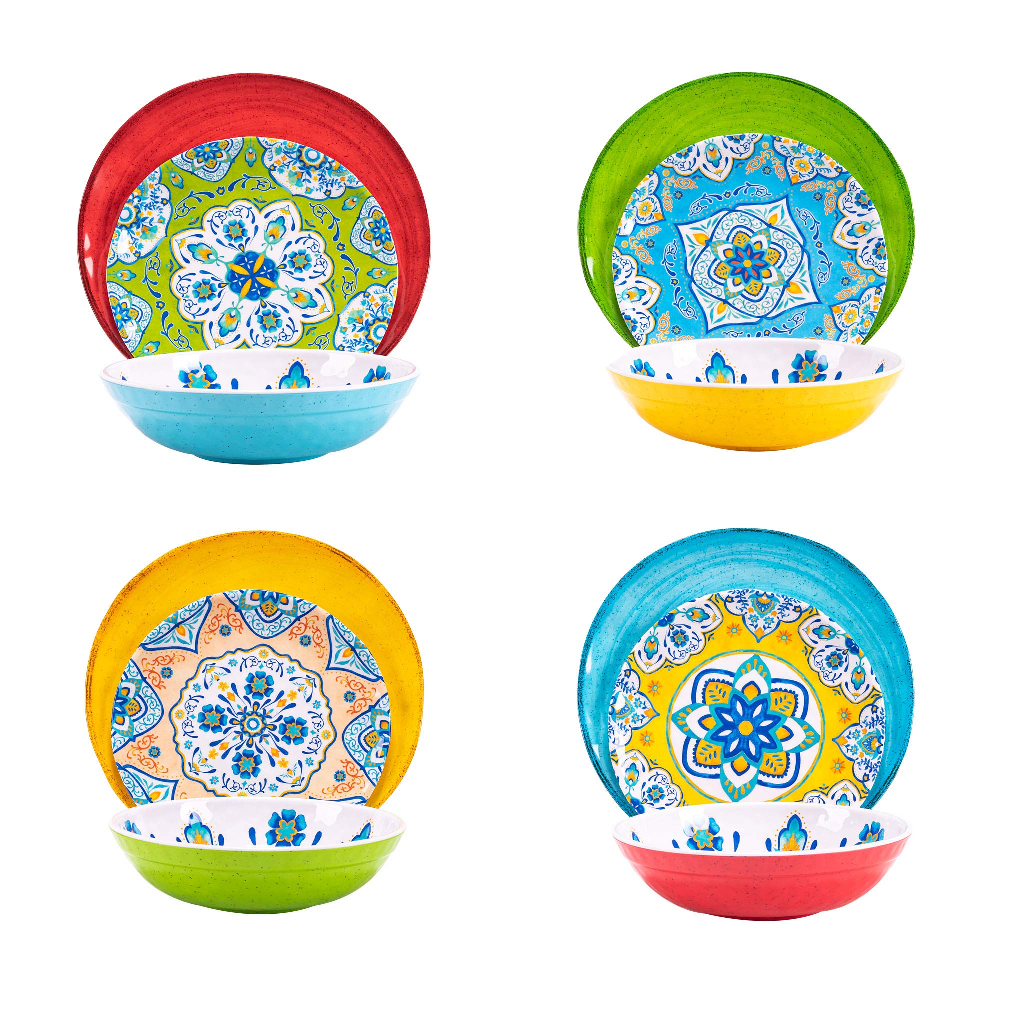 12-Piece Melamine Dinnerware Set - Durable, Colorful Plates & Bowls - Dishwasher Safe, Shatterproof, Chip Resistant - Perfect for Outdoor Dining, Picnics, and Restaurants (Multicolor)