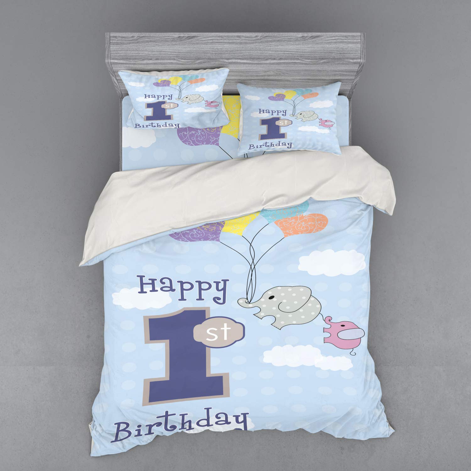 Ambesonne 1st Birthday Bedding Set - Elephant & Balloons Sky Blue Grey 4-Piece Duvet Cover with Shams & Fitted Sheet, Queen Size | Hand-Drawn Nursery Decor for Baby Shower & Kids Room