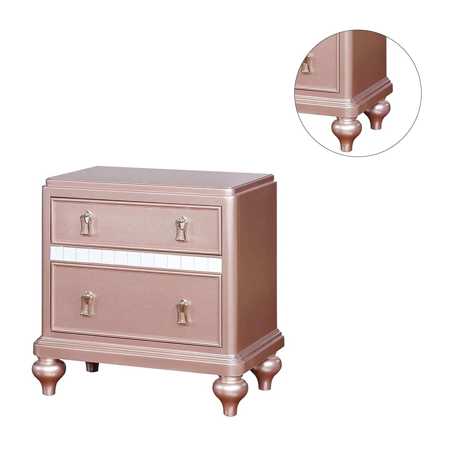 Simple Relax 2-Drawer Wooden Nightstand with Rose Gold Mirror Trim - Elegant Bedroom Side Table for Small Spaces, Apartment Decor & Bedside Storage