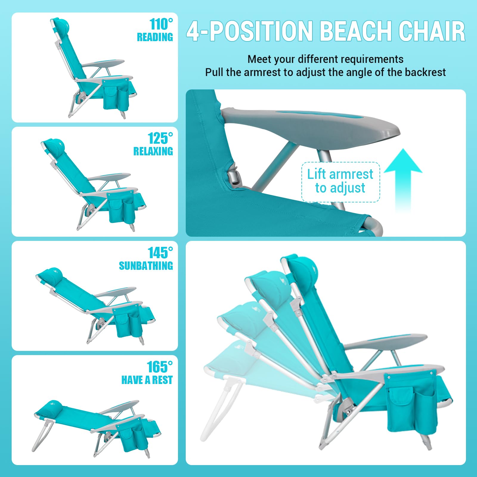 WEJOY 4-Position Aluminum Folding Beach Chair for Adults - Lightweight Low Sand Chair with Shoulder Strap, Cup Holder & Padded Headrest - Supports 265lbs - Perfect for Beach, Lawn, Camping & Outdoor Relaxation (Cyan Pattern)