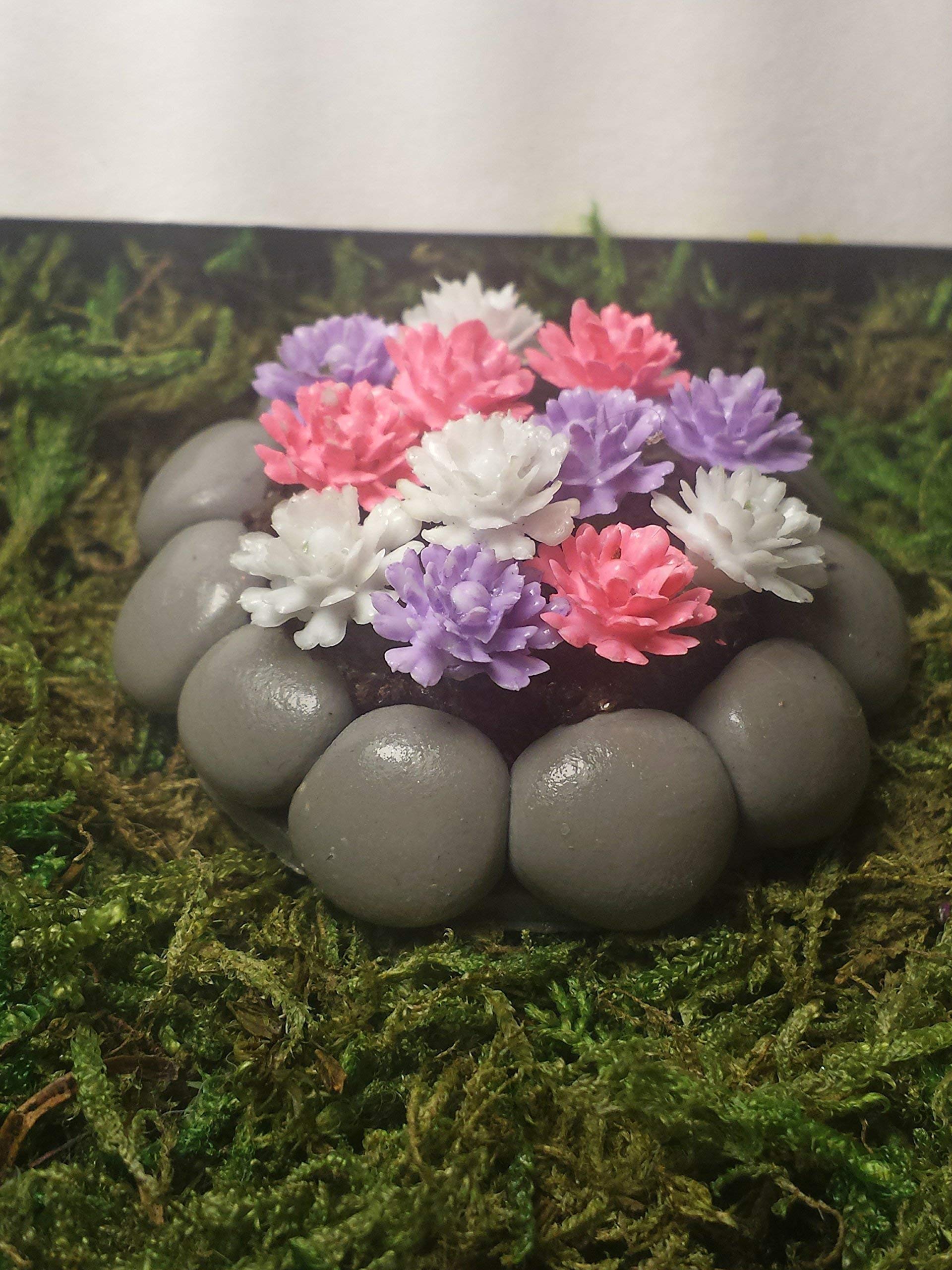 Fairy Garden Miniature Accessories - Pink, Purple & White Flower Bed with Rock Planter | DIY Mini Garden Decor for Home, Office & Outdoor Fairy Gardens