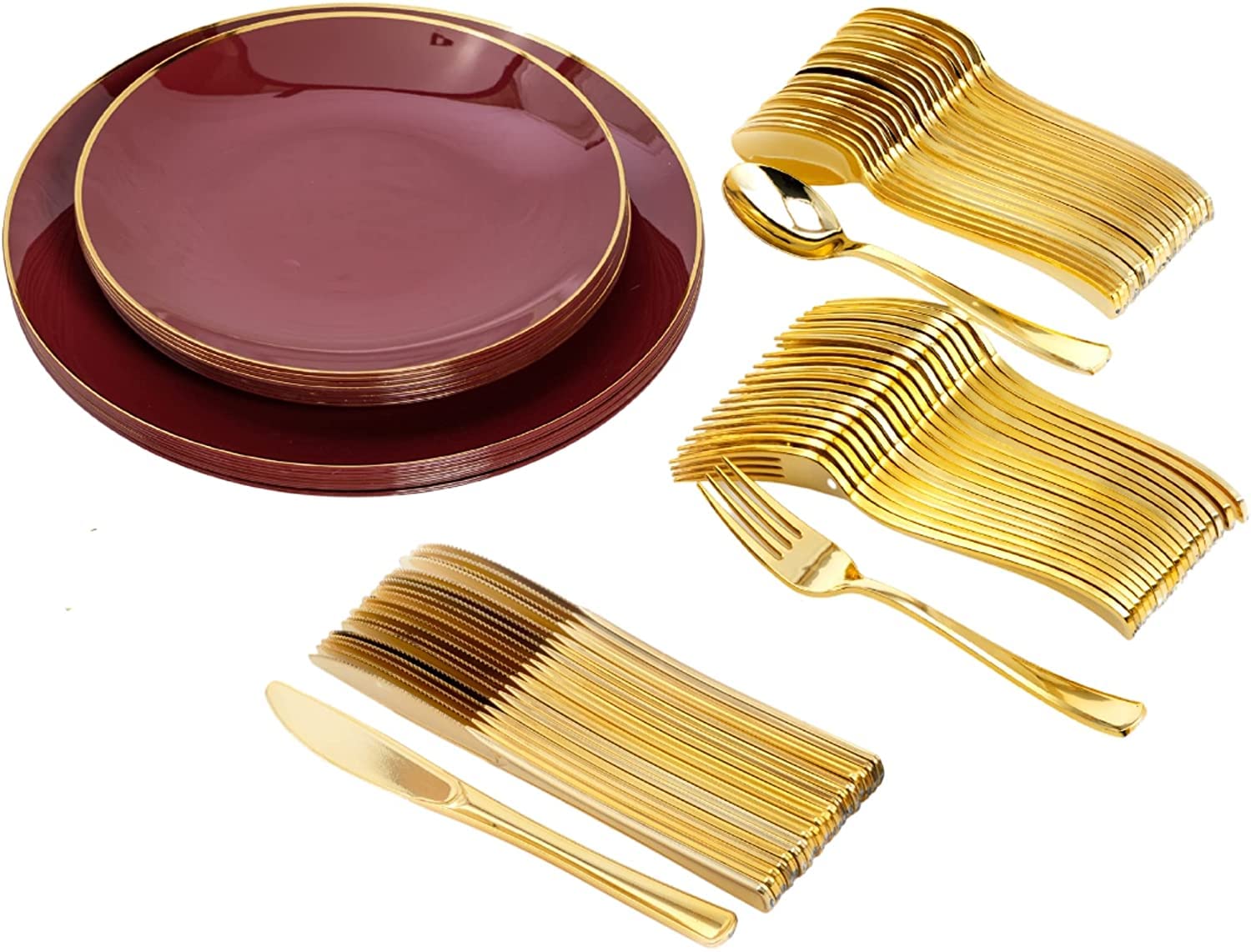Trendables 40-Piece Disposable Plastic Plate Set with Cutlery - Burgundy Color - Includes 40 Plastic Dessert Plates, Forks, Spoons & Knives - Perfect for Parties, Picnics, BBQs & Catering Events