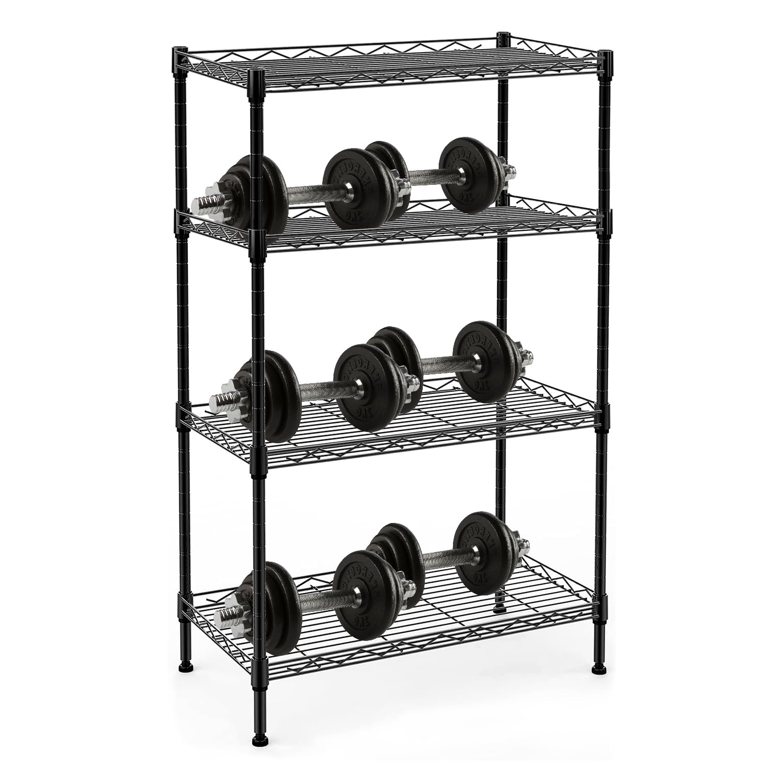 4 Tier Adjustable Metal Wire Shelving Rack - Heavy Duty Storage Shelf Unit for Kitchen, Laundry, Garage & Pantry Organization (Black) - Perfect for Storing Food, Cleaning Supplies & Household Items