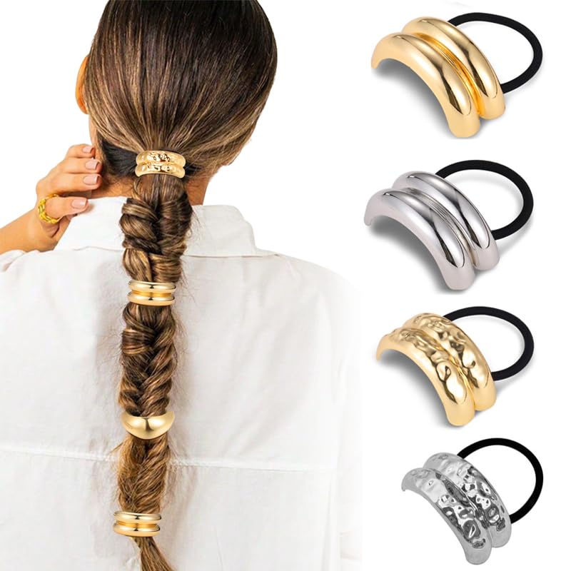 Gold & Silver Metal Hair Ties for Women - Geometric Elastic Hair Cuff Wraps for Thick Hair - Durable Hair Accessories for Workouts, Office & Everyday Styling