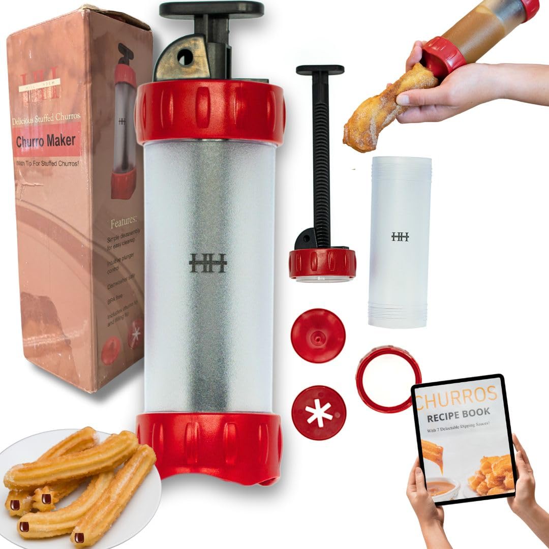 Premium Churro Maker Kit with Adjustable Plunger, Piping Tips & Recipe Book - Easy Homemade Churros Machine for Parties, Restaurants & Home Baking - Maquina Para Hacer Churros