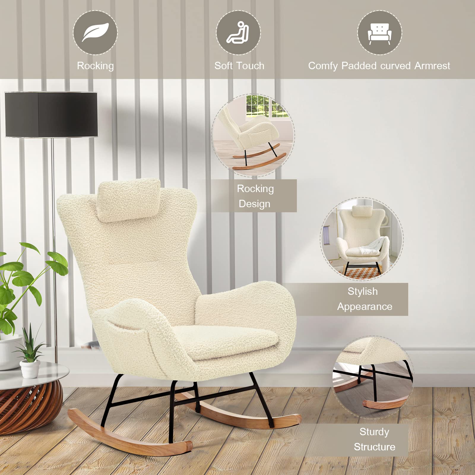 **Comfortable Teddy Upholstered Rocking Chair for Nursery & Bedroom – High Backrest, Padded Seat & Headrest – Perfect for Nursing, Reading & Relaxing – Ideal Baby Rocker for Cozy Spaces**
