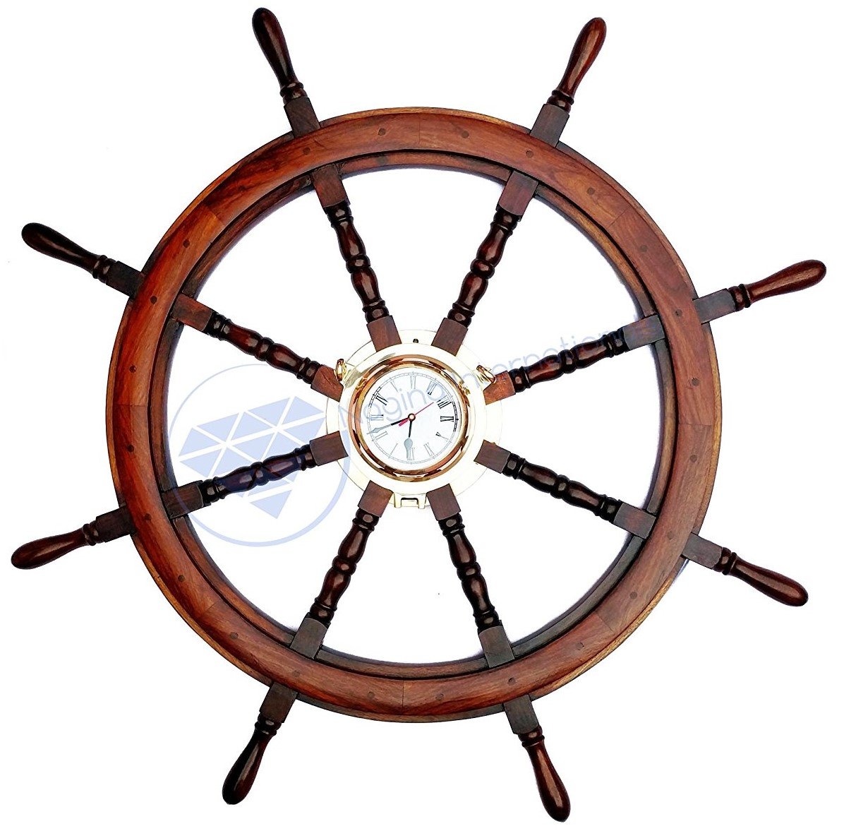 Nagina International 16 Inch Polystone Wood Porthole Clock with Ship Wheel - Nautical Brass Wall Decor for Home & Office - Perfect for Coastal, Beach House, and Marine Theme Decoration