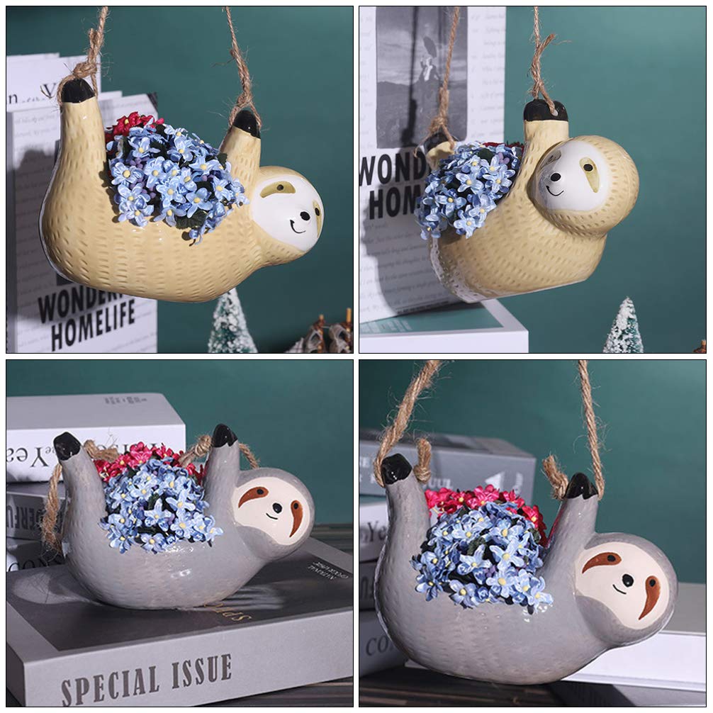 DOITOOL 2PCS Ceramic Hanging Sloth Planter Pot - Cute Succulent & Cactus Flower Pot for Indoor & Outdoor Plants (16 X 10CM) - Perfect for Home Decor, Garden, Balcony, and Office Plant Display