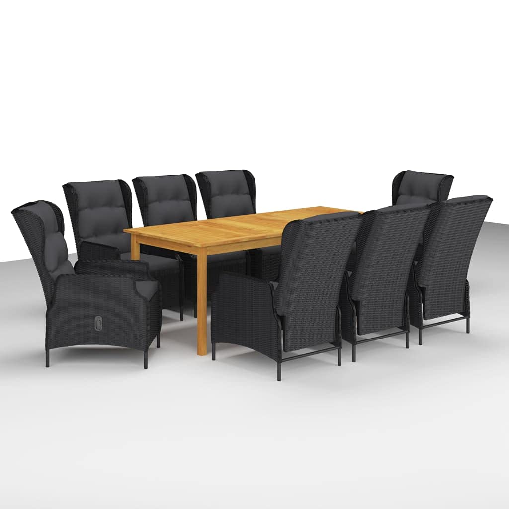 9-Piece Dark Gray Acacia Wood Patio Dining Set with Cushions - Outdoor Garden Furniture, Round PE Rattan Table & Powder-Coated Steel Chairs (Perfect for Backyard, Poolside & BBQ Gatherings)