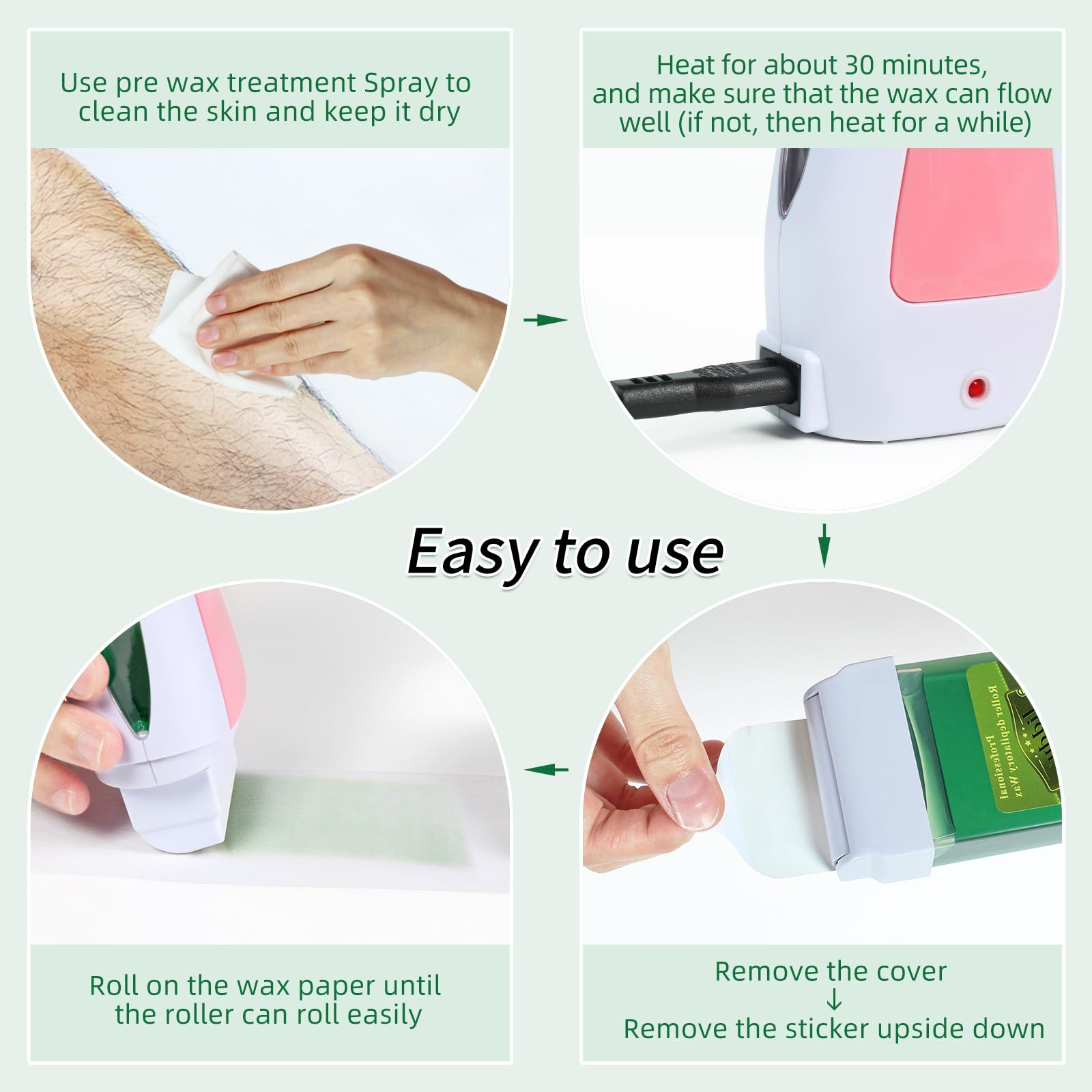 Aloe Roll-On Waxing Kit for Sensitive Skin - Hair Removal Wax Warmer for Arms, Legs & Body - At-Home Waxing Kit for Women & Men - Perfect for DIY Spa Days & Smooth Skin Care