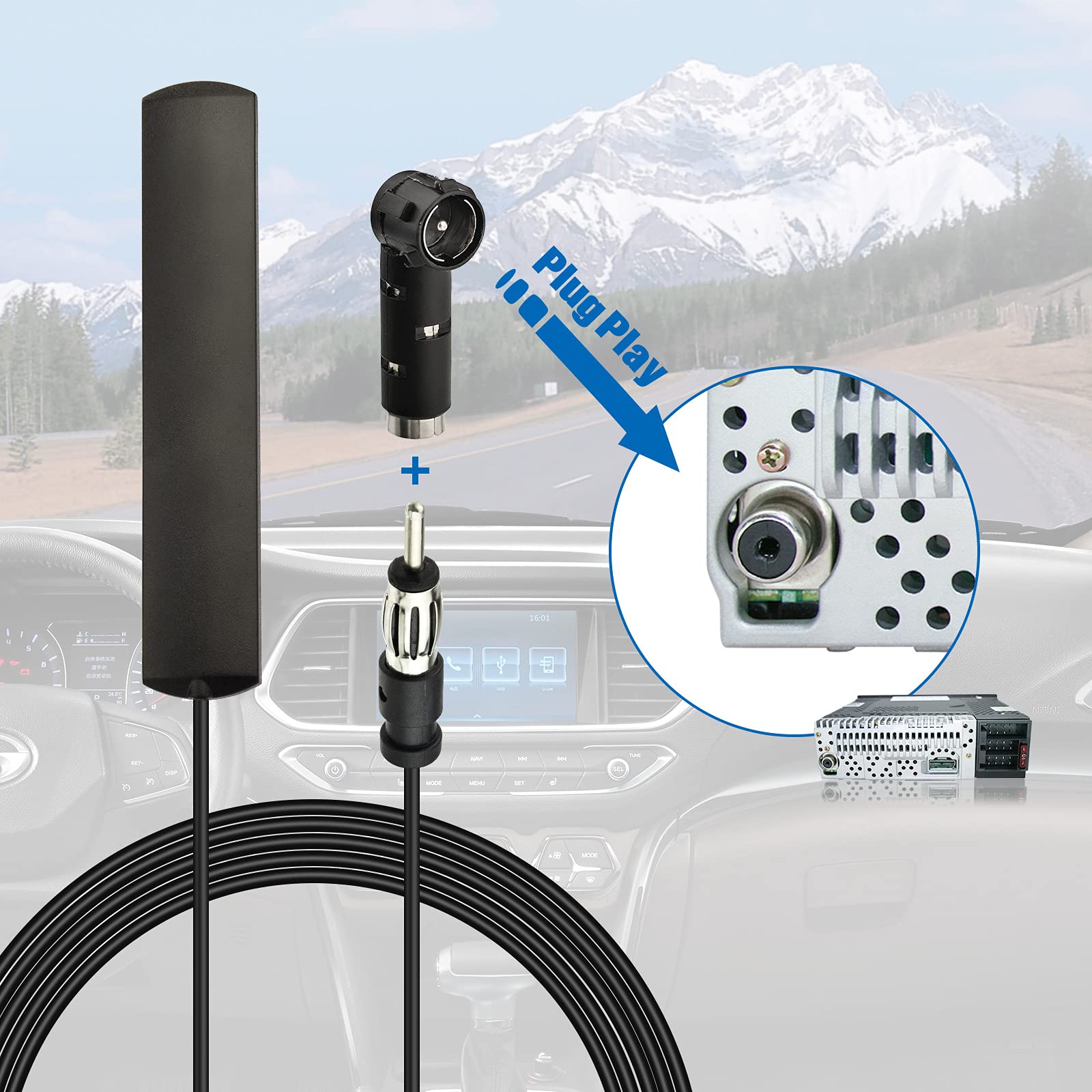Eightwood Car Stereo FM Radio Antenna - Hidden Windshield Antenna with DIN Plug & ISO Adapter for Car Truck Stereo Receiver | HD Radio Reception | Easy Installation for DIY Car Audio Upgrade