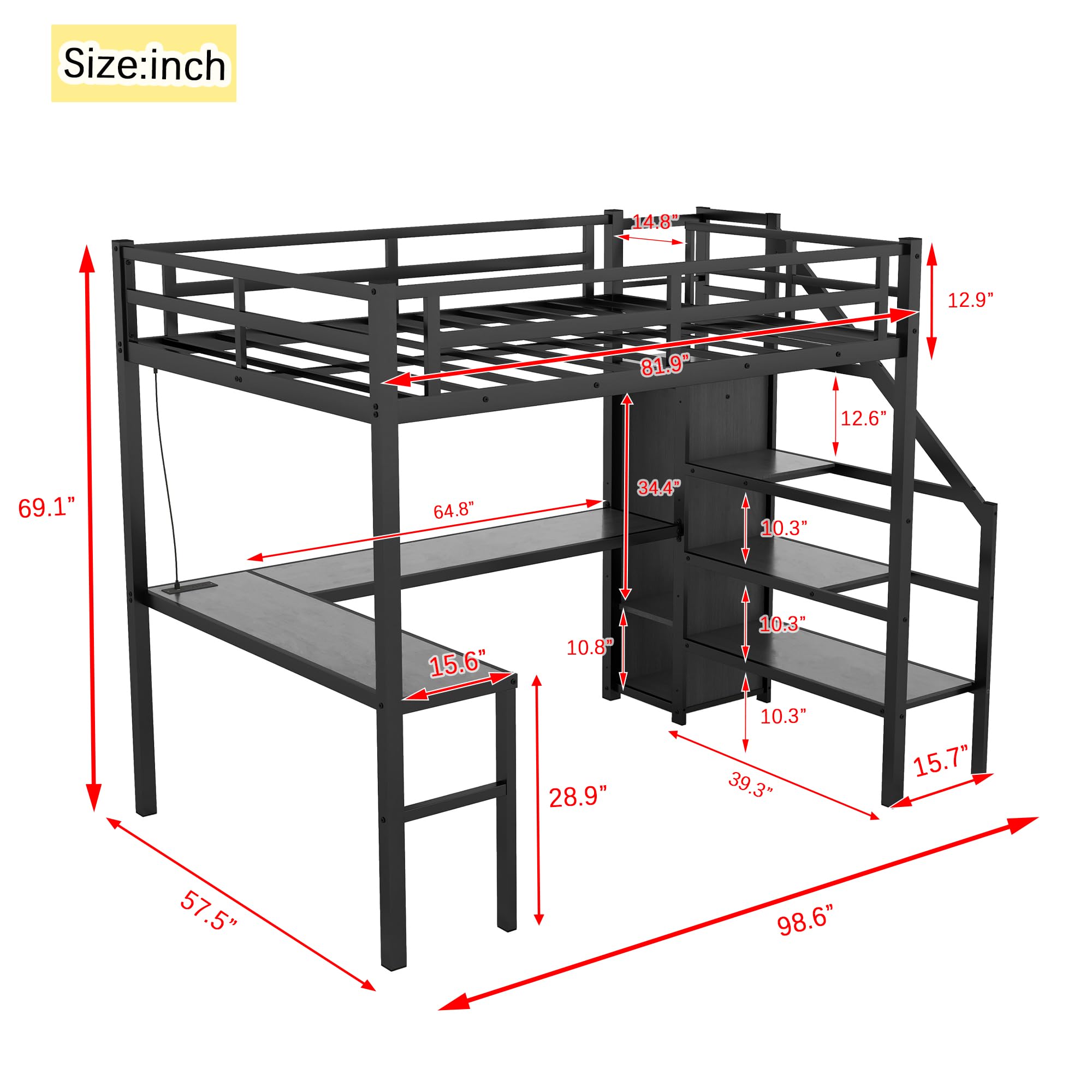 Full XL Size Loft Bed with L-Shaped Desk & Wardrobe - Metal Loft Bed Frame with Storage Stairs, Adjustable Shelf & Guardrails - 69