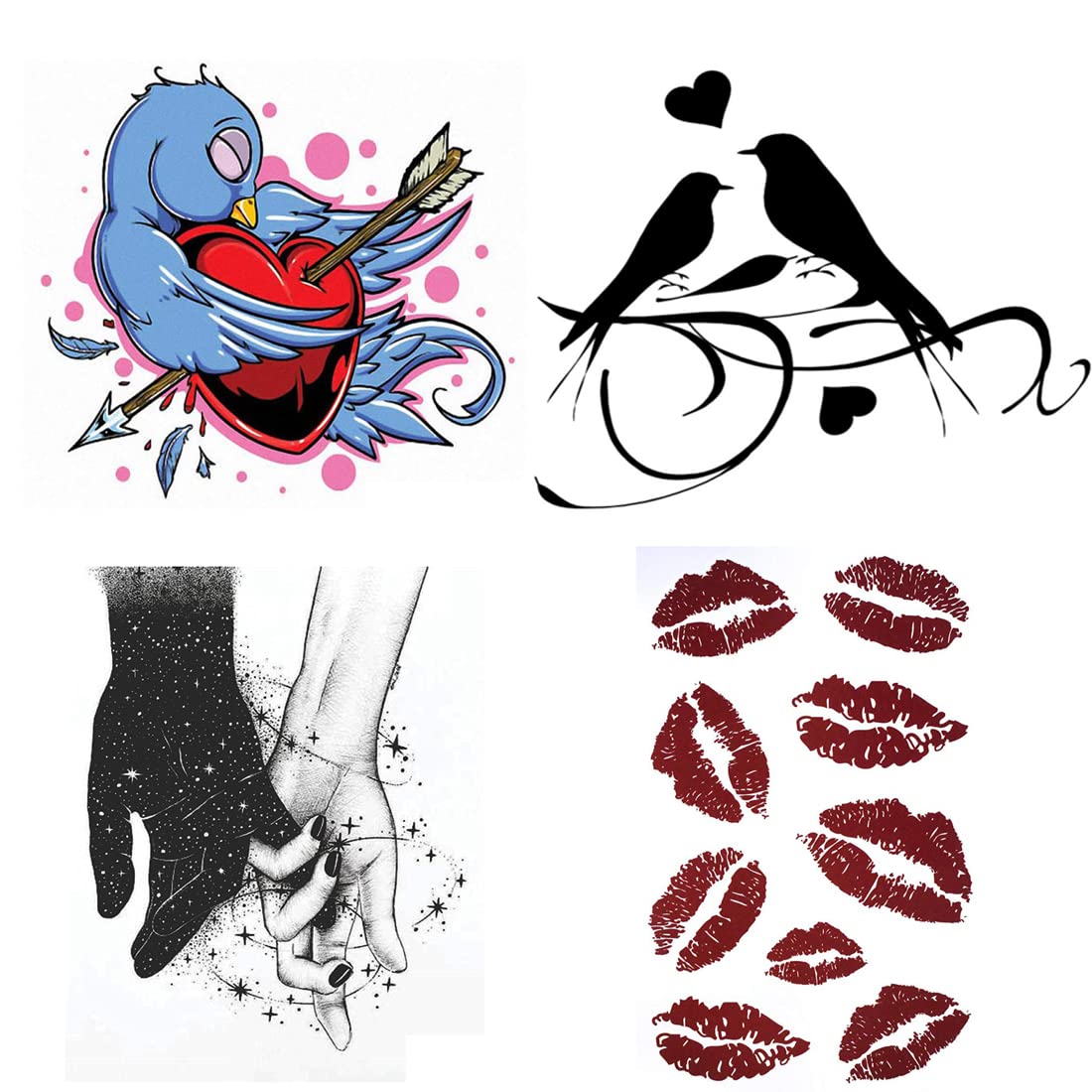 Love Bird & Girl Kiss Temporary Tattoo Stickers - Pack of 4 Waterproof Fake Tattoos for Men & Women (2x4 Inch) - Perfect for Parties, Festivals & Body Art