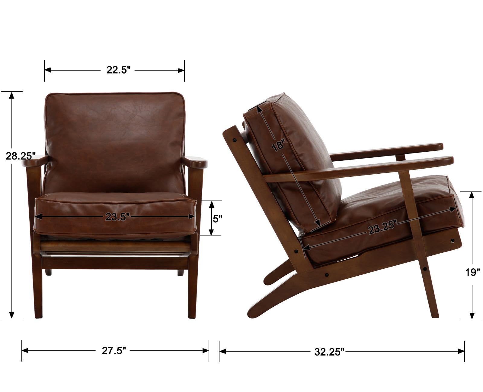 Mid-Century Modern Accent Chairs Set of 2 - Genuine Leather Upholstered Living Room Chairs with Solid Wood Frame - Comfortable Armchairs for Bedroom, Reading Nook & Lounge - PU Brown Leather - Perfect for Relaxing, Entertaining & Home Decor