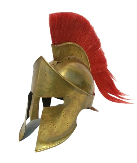 300 King Leonidas Brass Spartan Helmet - Medieval Warrior Headpiece with Gold Finish & Display Stand | Halloween Costume, Cosplay, LARP, Theater Prop, Historical Reenactment