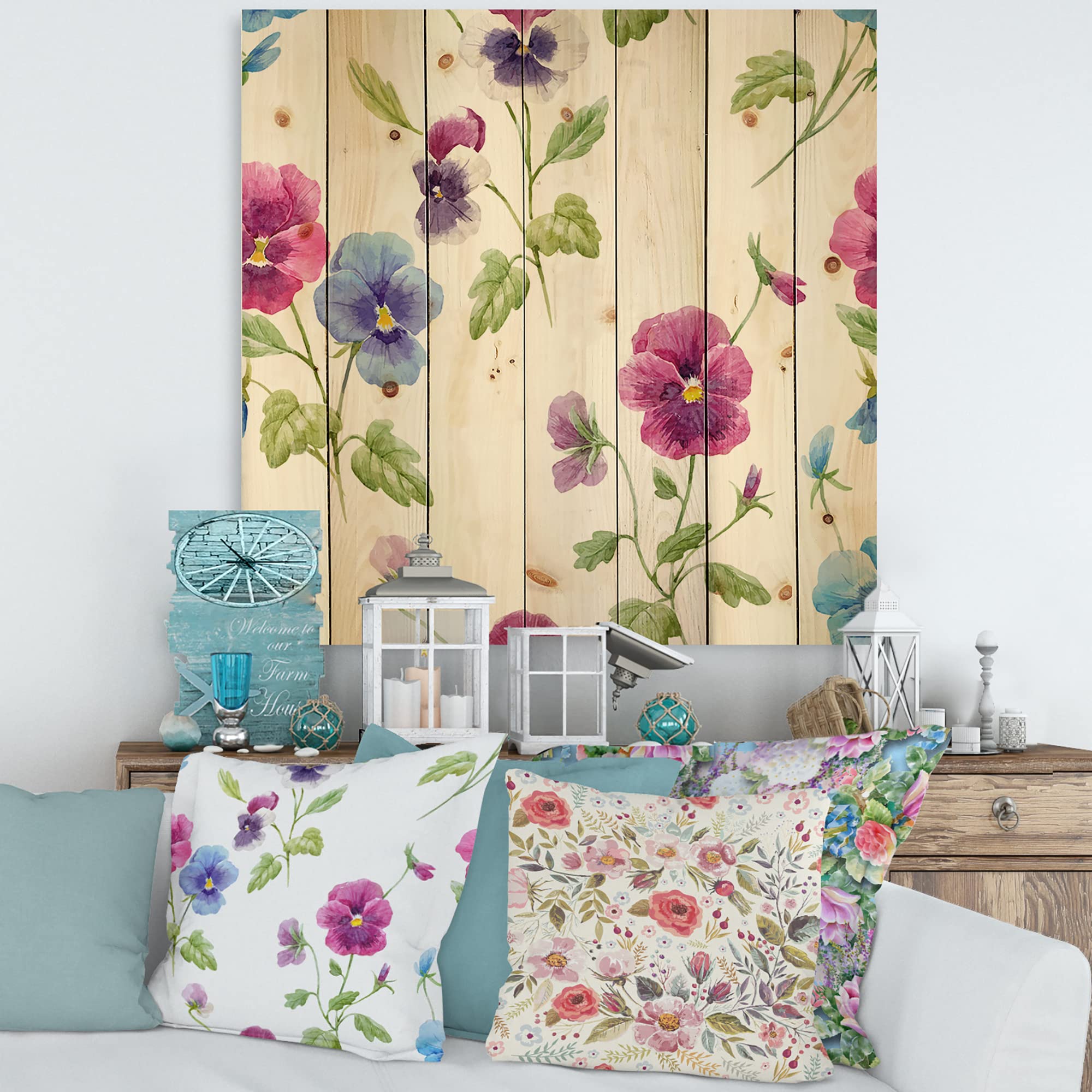 DesignQ Pink and Blue Pansy Flowers Traditional Wood Wall Decor - Large Floral Pine Wood Art Panel for Living Room, Bedroom, and Office Decoration