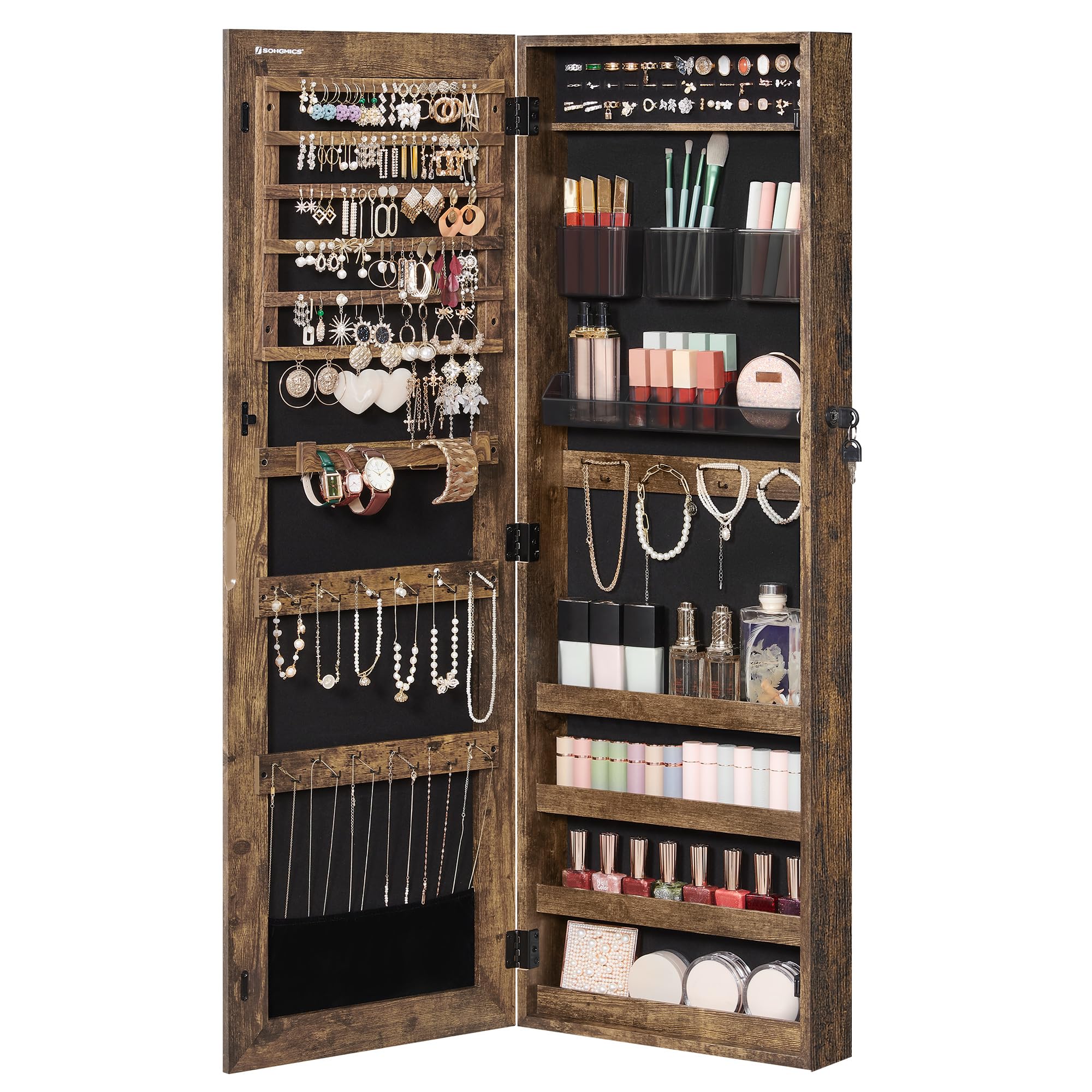 SONGMICS Jewelry Armoire Cabinet with Lock, Wall-Mounted Jewelry Organizer with 2 Cosmetic Trays & Full-Length Mirror, Textured Brown UJJC001X01 - Perfect for Bedroom, Closet & Dressing Room Organization