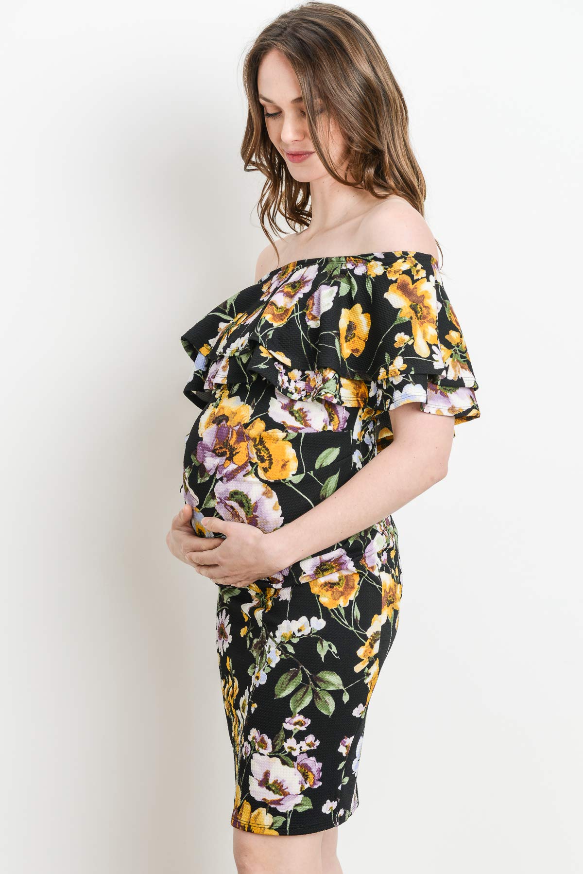 LaClef Women's Off Shoulder Maternity Dress with Double Ruffle - Comfortable Pregnancy Dress for Baby Shower, Maternity Photo Shoot & Summer Outfits