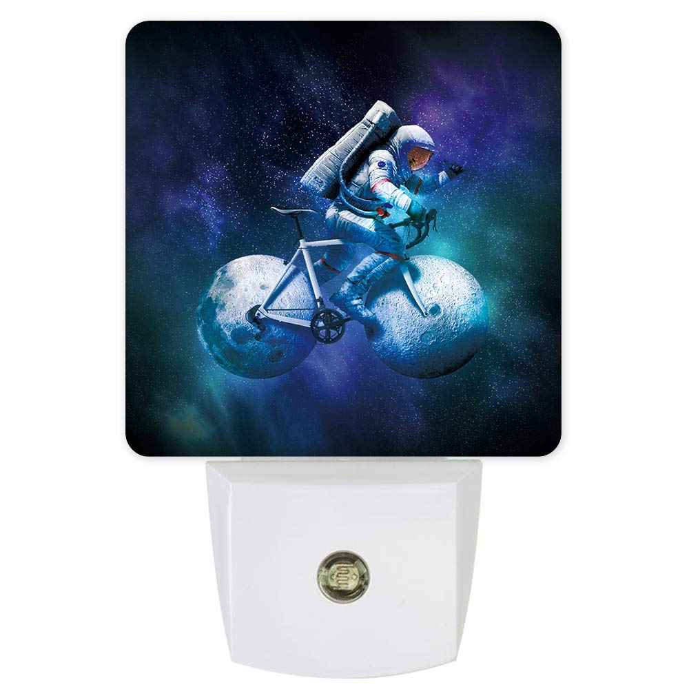 Dimmable LED Night Light with Auto Sensor - Dusk to Dawn Plug-in Wall Lamp, Blue Purple Astronaut Riding Bicycle Design for Bedroom, Bathroom, Nursery, Hallway & Stairs - Perfect for Kids' Rooms, Nighttime Safety & Home Decor