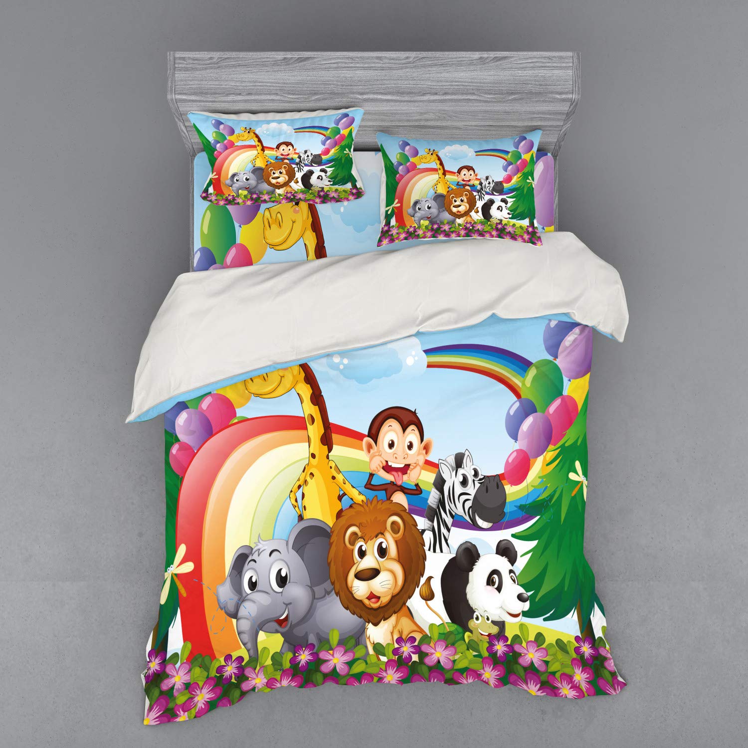 Ambesonne Cartoon Animal Bedding Set - 3 Piece Duvet Cover with Sham & Fitted Sheet, Queen Size, Colorful Rainbow Balloon Design for Kids Room Decor, Nursery Bedding, Birthday Gift Idea