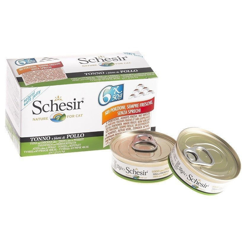 Premium Schesir Cat Wet Food Multipack (6x50g) - Tuna, Beef, Chicken & Seabass Flavors - Grain-Free, High Protein, Natural Ingredients for Adult & Senior Cats - Perfect for Mealtime, Travel & Treats
