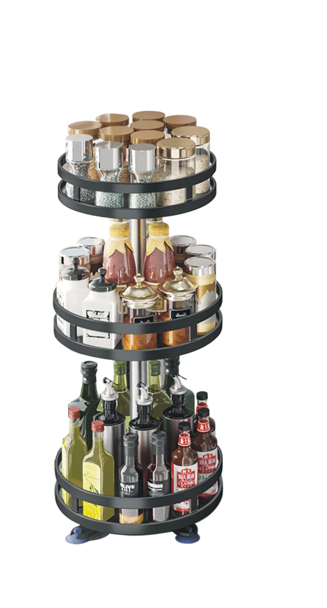 3 Tier Rotating Spice Rack - 360° Adjustable Spice Shelf Organizer for Kitchen Countertop, Pantry & Bathroom Storage - Black Round Space-Saving Spice Carousel | Perfect for Small Kitchens, RV Living & Apartment Organization