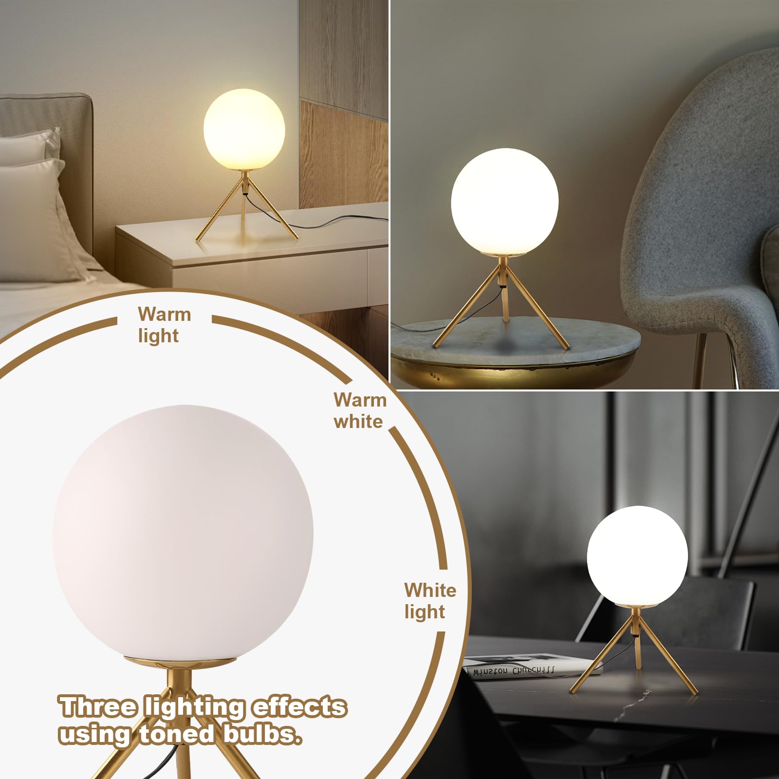 Gold Tripod Table Lamp with Milky Glass Globe - 14.2 Inch Plug-in Corded Bedside Lamp for Bedroom, Living Room, Study & Office - Elegant Nightstand Lighting for Reading & Home Decor