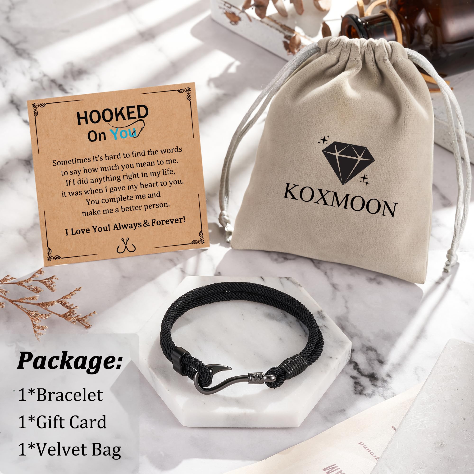 Fish Hook Bracelet for Men - Hooked on You Jewelry Gift for Husband, Boyfriend - Christmas, Anniversary, Valentine's Day, Birthday Present - Perfect for Fishing Enthusiasts & Outdoor Lovers