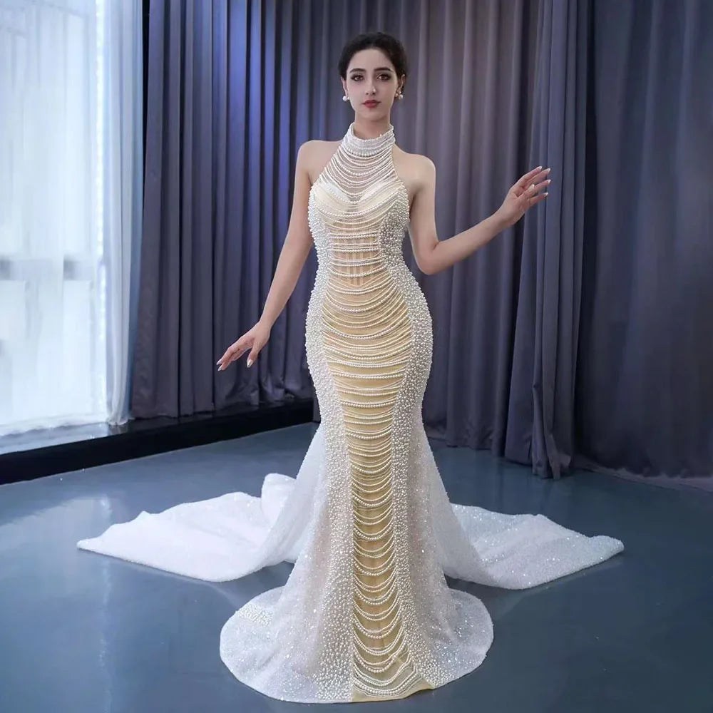 Serene Hill White Champagne Mermaid Wedding Dress with Lace-Up Back & Pearl Beading - Luxury Custom Bridal Gown 2025 (HM231033) | Perfect for Beach Weddings, Formal Ceremonies & Red Carpet Events