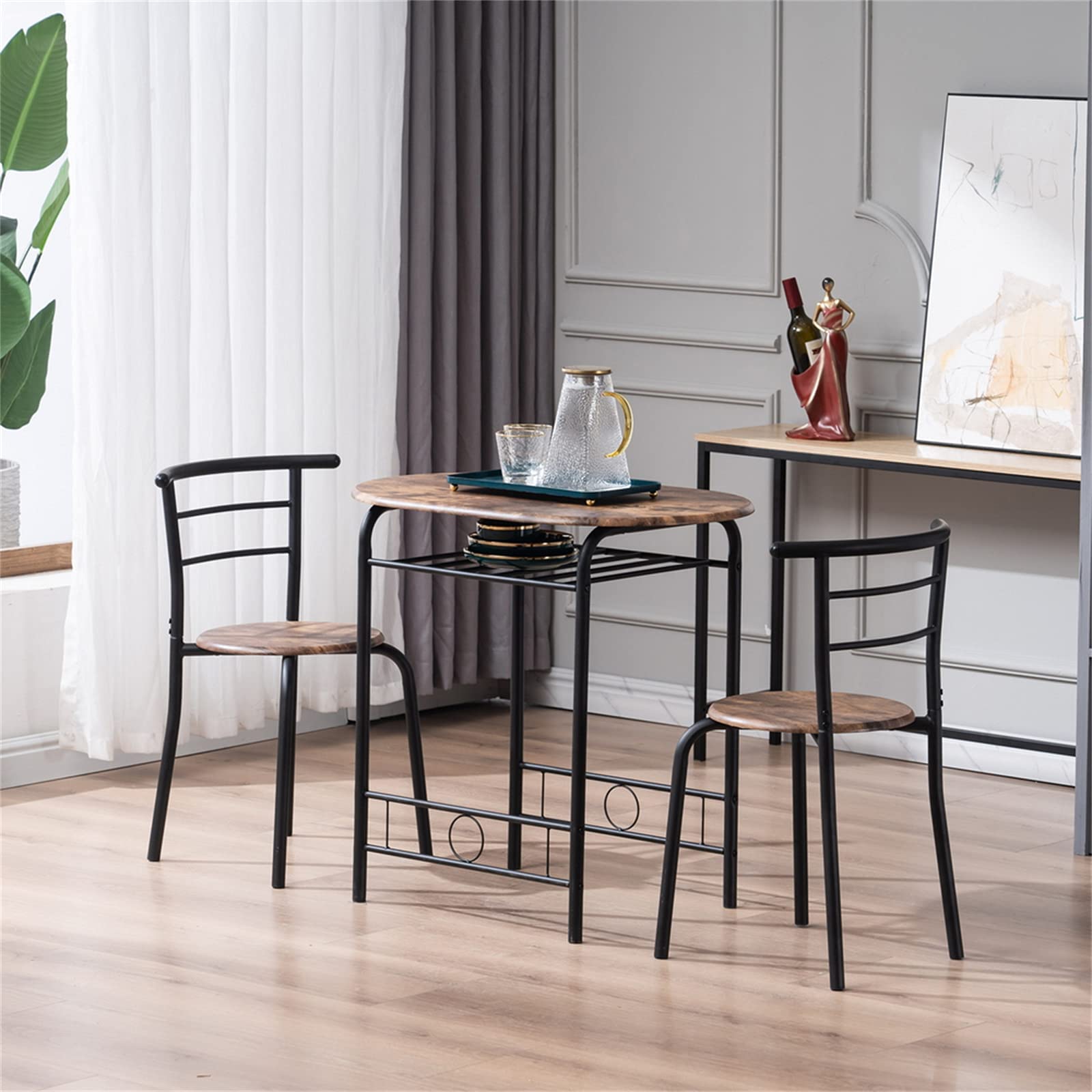 Compact 3-Piece Round Kitchen Table Set for 2 - Small Space Dining Table with 2 Chairs & Wine Rack - Perfect for Breakfast Nooks, Studio Apartments, and Cozy Home Decor (Black)