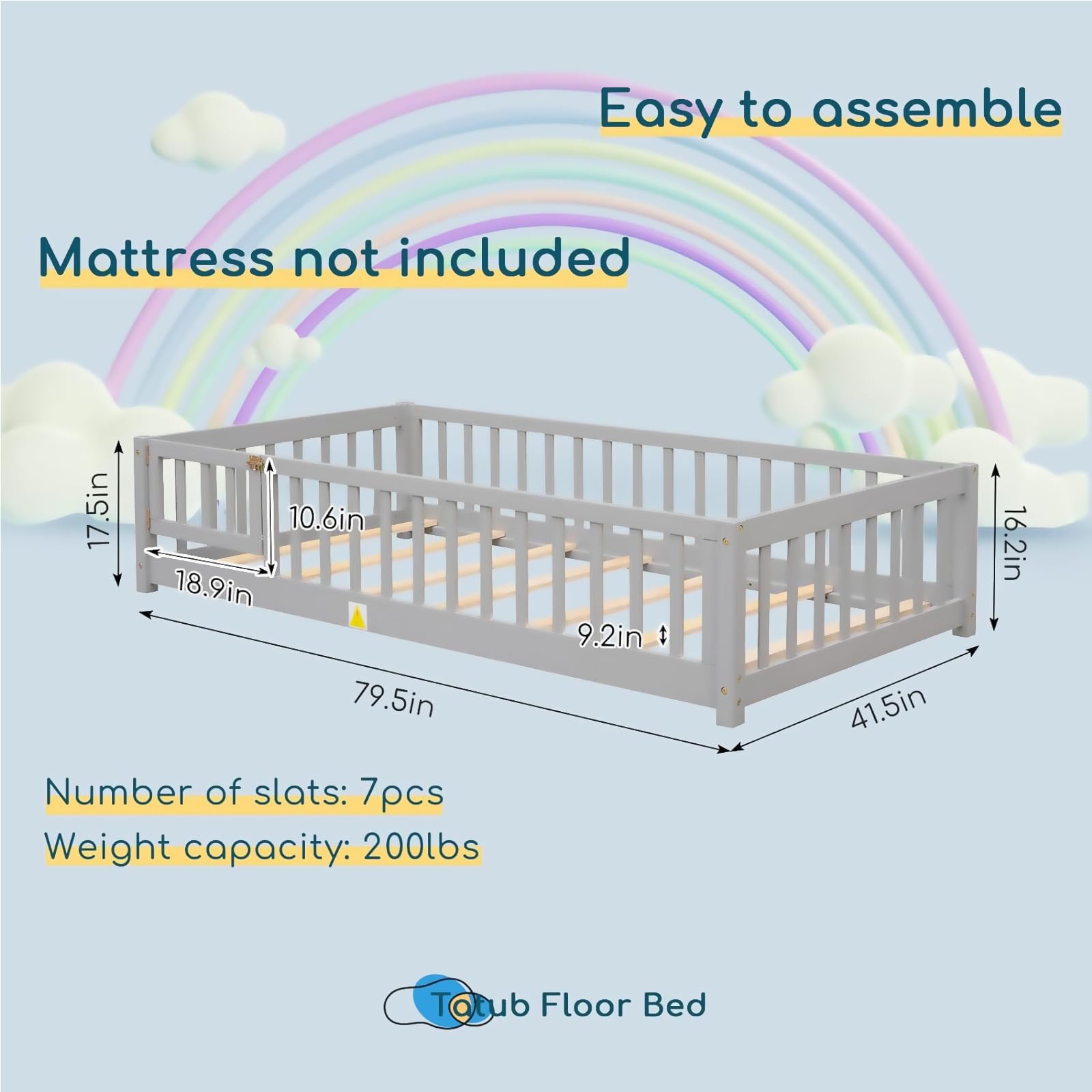 Twin Size Montessori Floor Bed with Safety Guardrails & Slats - Sturdy Wood Toddler Bed Frame for Girls & Boys in Grey - Perfect for Kids' Room, Playroom & Montessori Learning Spaces