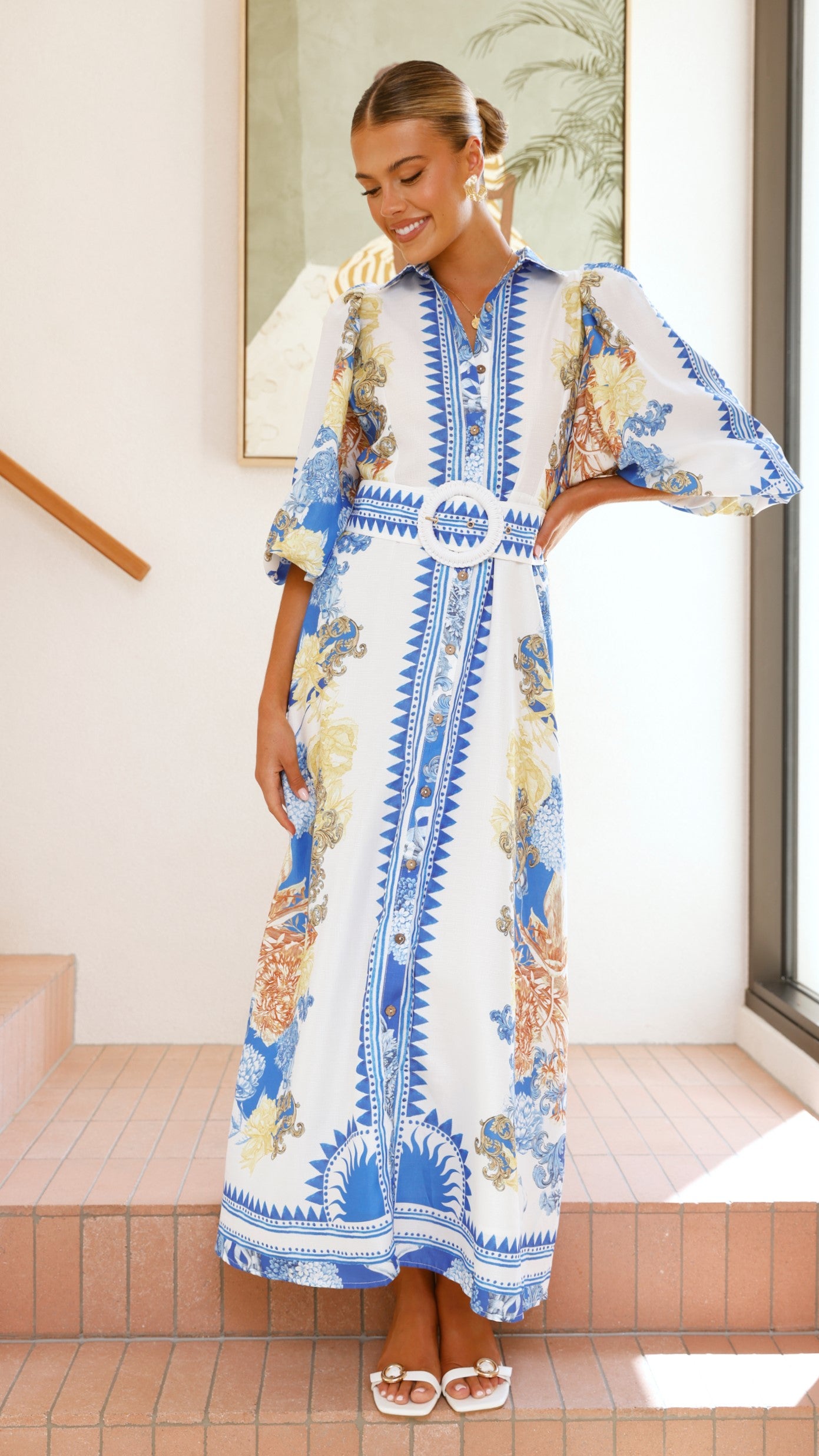 Arana Maxi Dress - Blue and White Floral Print Summer Dress for Women | Beach, Vacation & Casual Wear