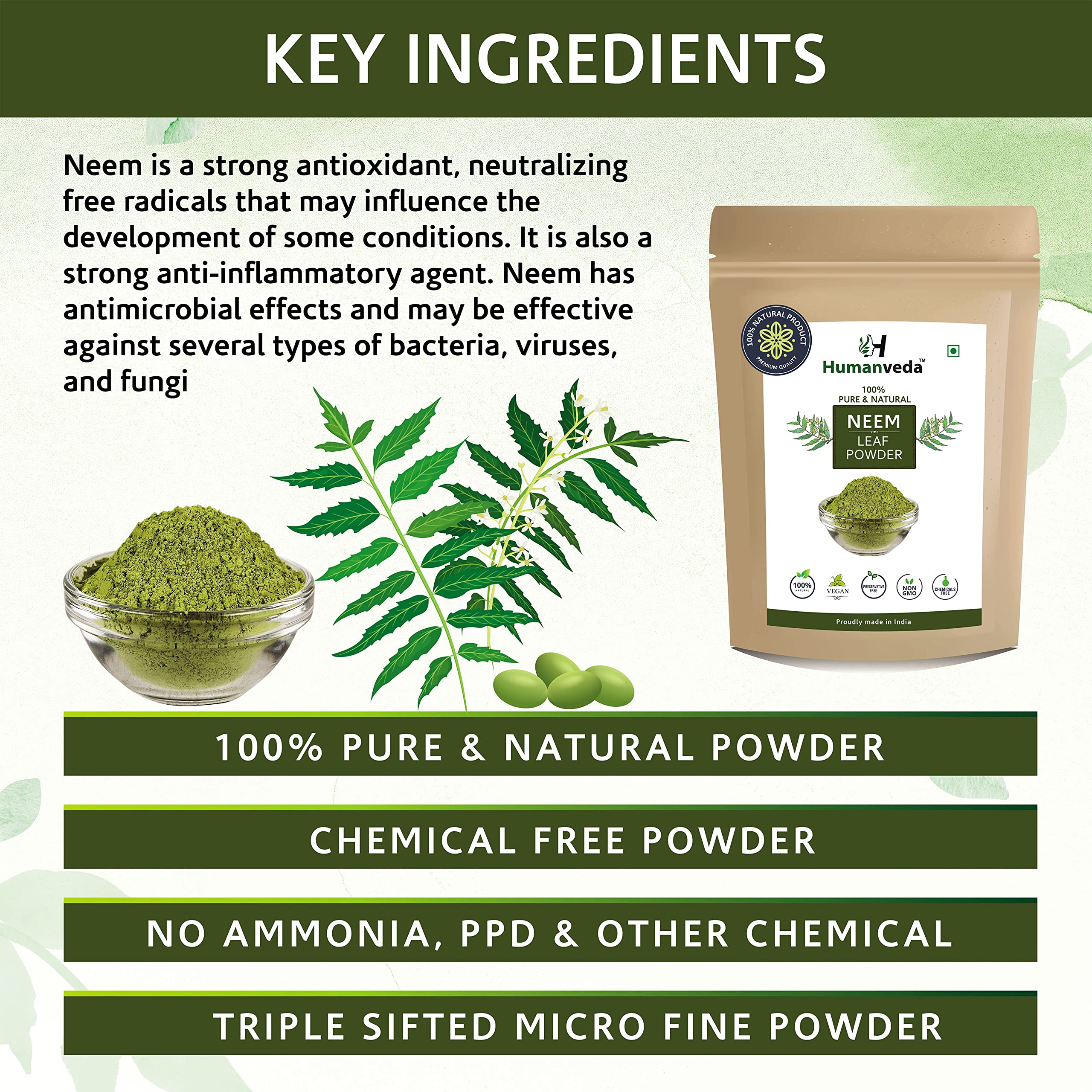 Humanveda Natural Neem Leaf Powder (100g) & Multani Mitti Powder (200g) | Fullers Earth Clay for Acne, Pimples & Dandruff Treatment | Organic Face Mask for Clear Skin & Hair Care | Perfect for Spa Day & Home Beauty Routine