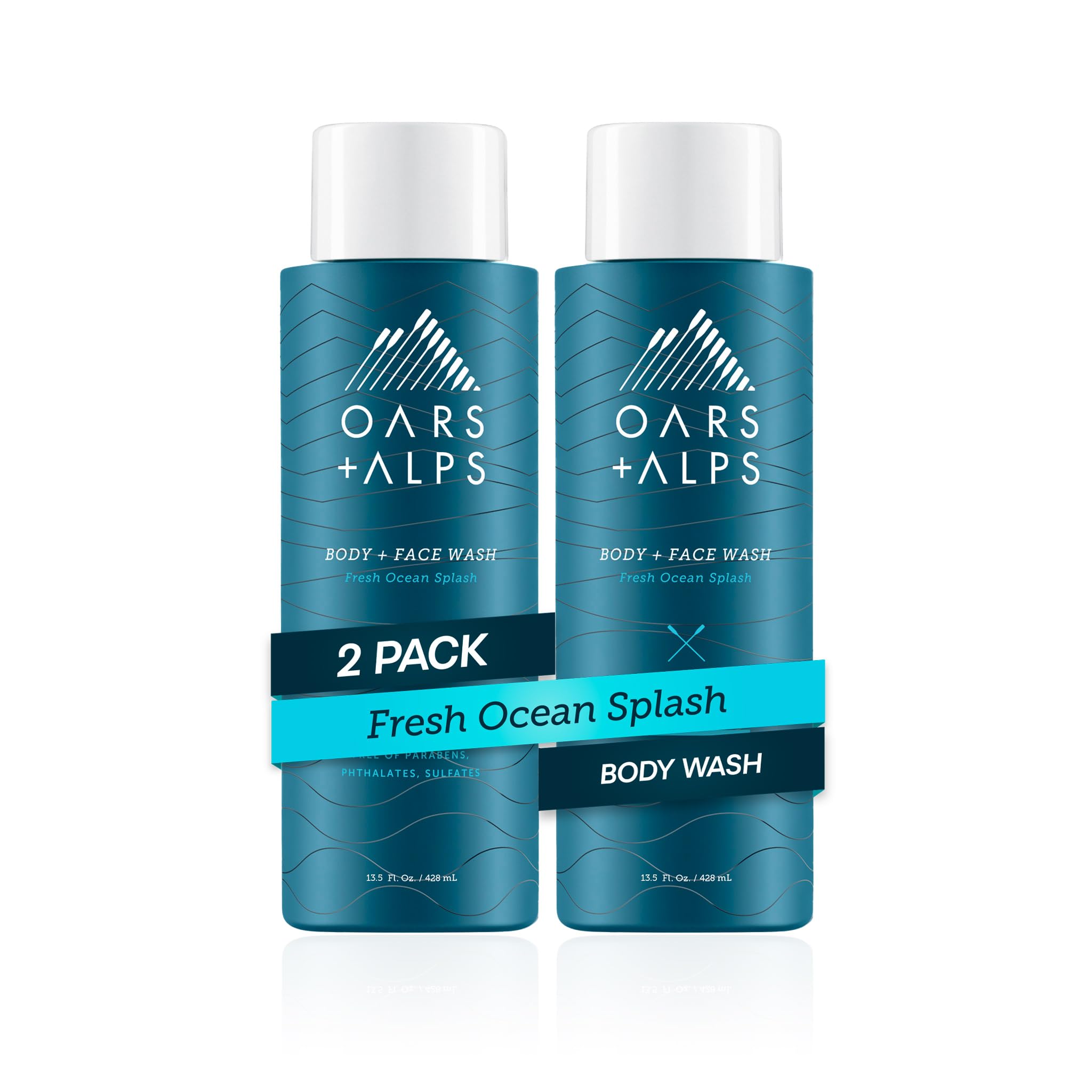 Oars + Alps Men's Moisturizing Body and Face Wash with Vitamin E & Antioxidants - Sulfate Free, Fresh Ocean Scent - 2 Pack - Hydrating Skin Care for Daily Shower & Post-Workout Refresh