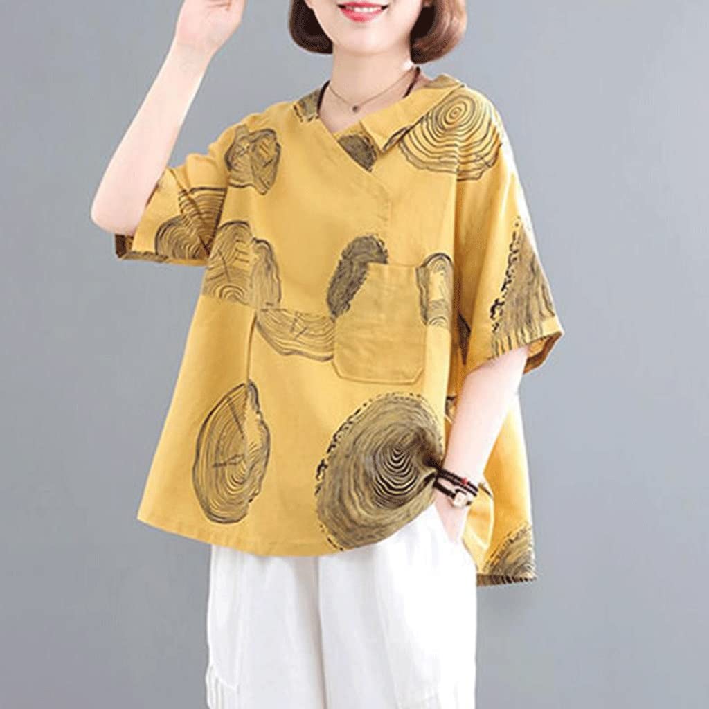 Vintage Style Women's Casual Cotton Tops - Loose Comfortable Summer Blouse (Yellow, Large) | Perfect for Beach Outings, Weekend Wear & Boho Fashion