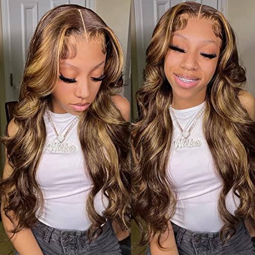 JR SMART Ombre Highlight Lace Front Wig - 18Inch Honey Blonde 4x4 HD Lace Human Hair Wig with Pre-Plucked 150% Density Body Wave for Black Women | Perfect for Daily Wear, Parties & Special Occasions