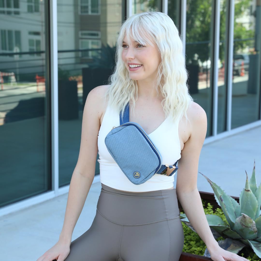 Rubina Anywhere Belt Bag LUXE - Adjustable Crossbody Fanny Pack for Women & Men | Water-Resistant Waist Bag for Hiking, Running, Travel, Gym, Workout, Festivals | Chest Bag with Metal Buckle (Blue Jeans) | Perfect for Outdoor Adventures, Daily Commute & Hands-Free Activities